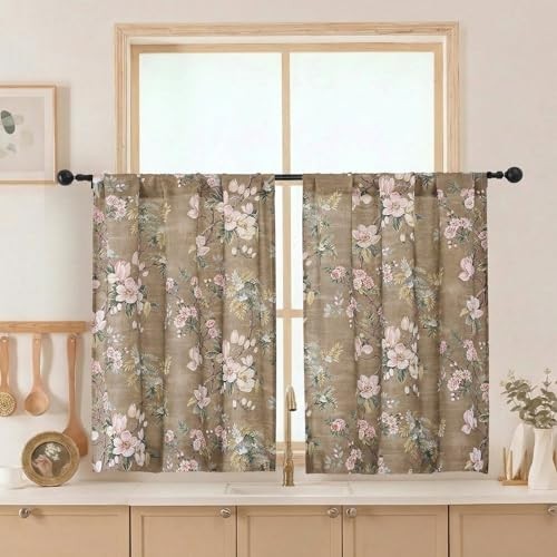 Floral Kitchen Tiers Curtains 36 Inches Long, 30″W x 36″L (Pack of 2) Taupe