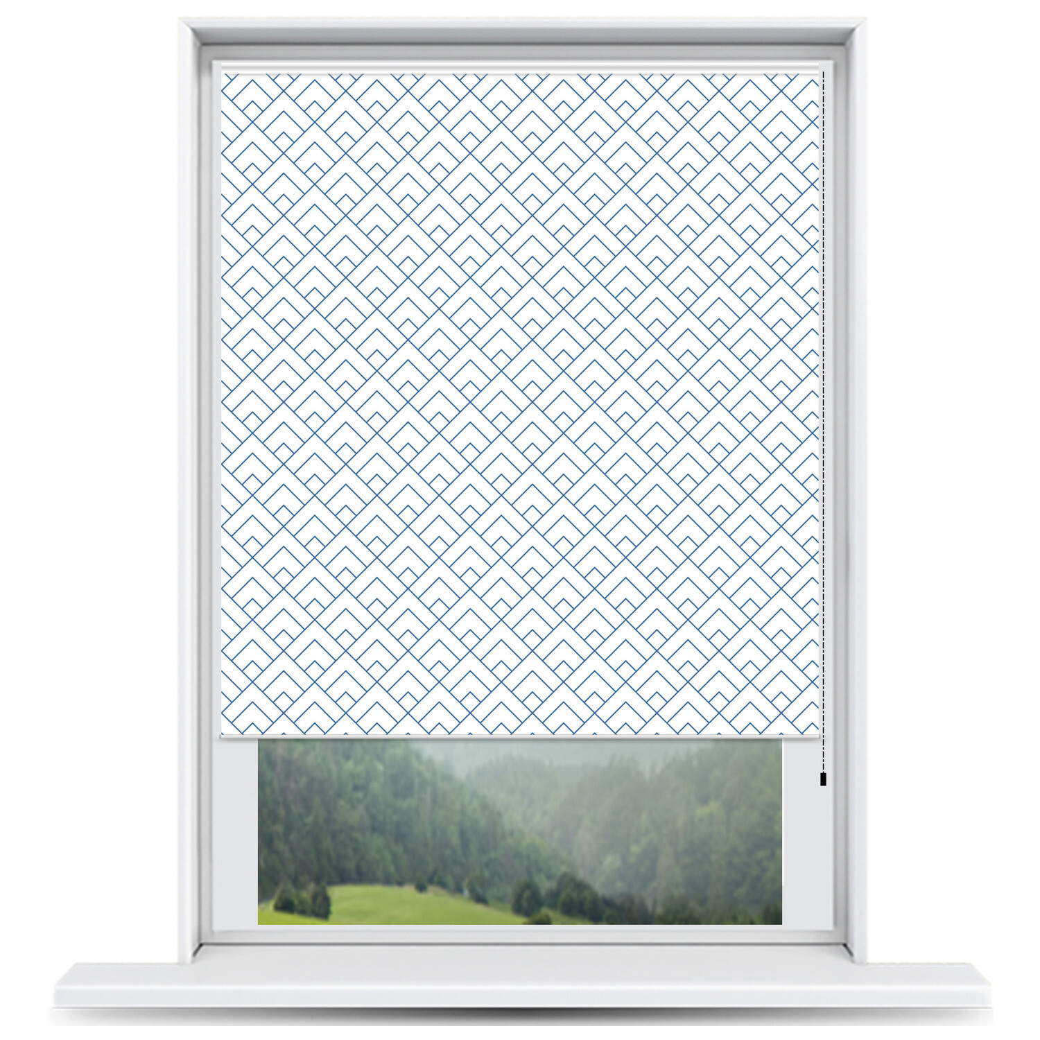 ArtToFrames Custom Window Shade – Blackout Peaks Modern White Navy Design Revers