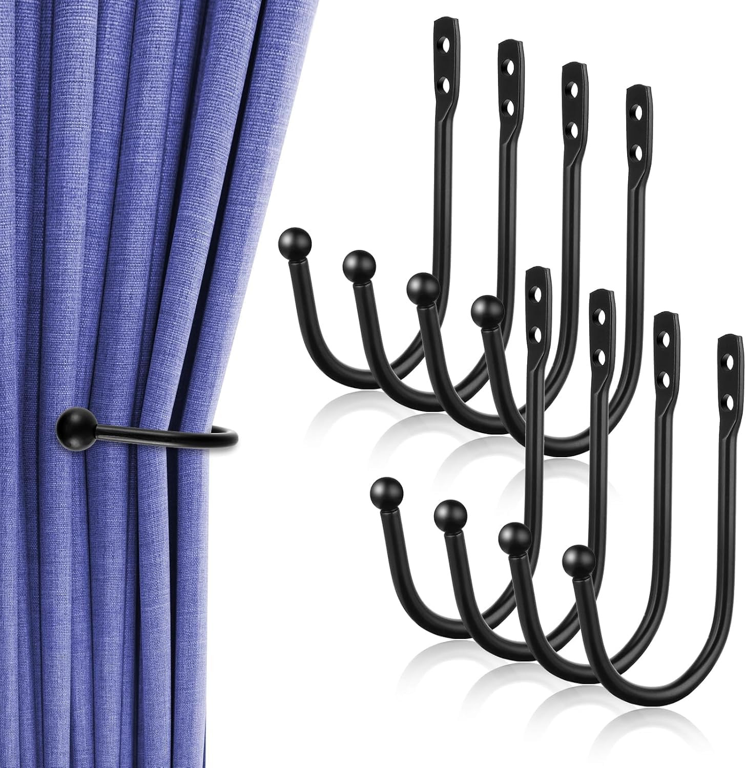 8 Pcs Curtain Tie Backs, Black, Metal Curtain Holdbacks | Wall Mounted, U
