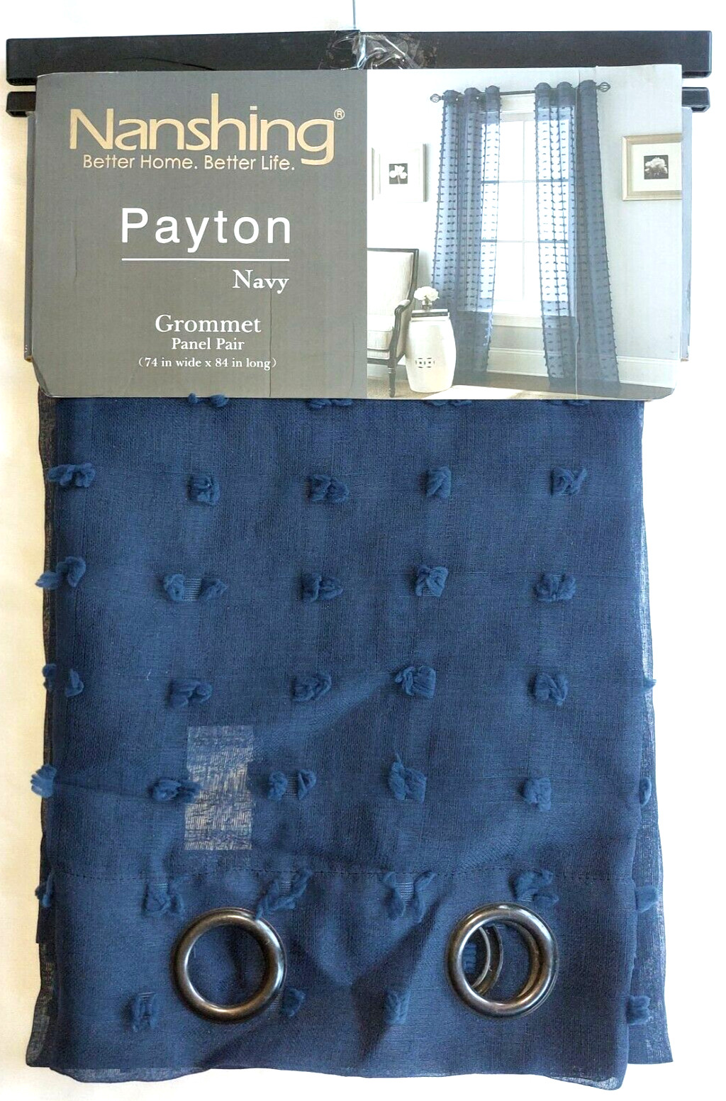 Nanshing Payton Navy Grommet Eyelash Weave Semi-Sheer Panel Pair 74 in x 84 in