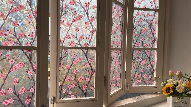 Stained Glass Window Film Privacy Static Cling Cherry Blossom 78.7 x 17.5 Inch