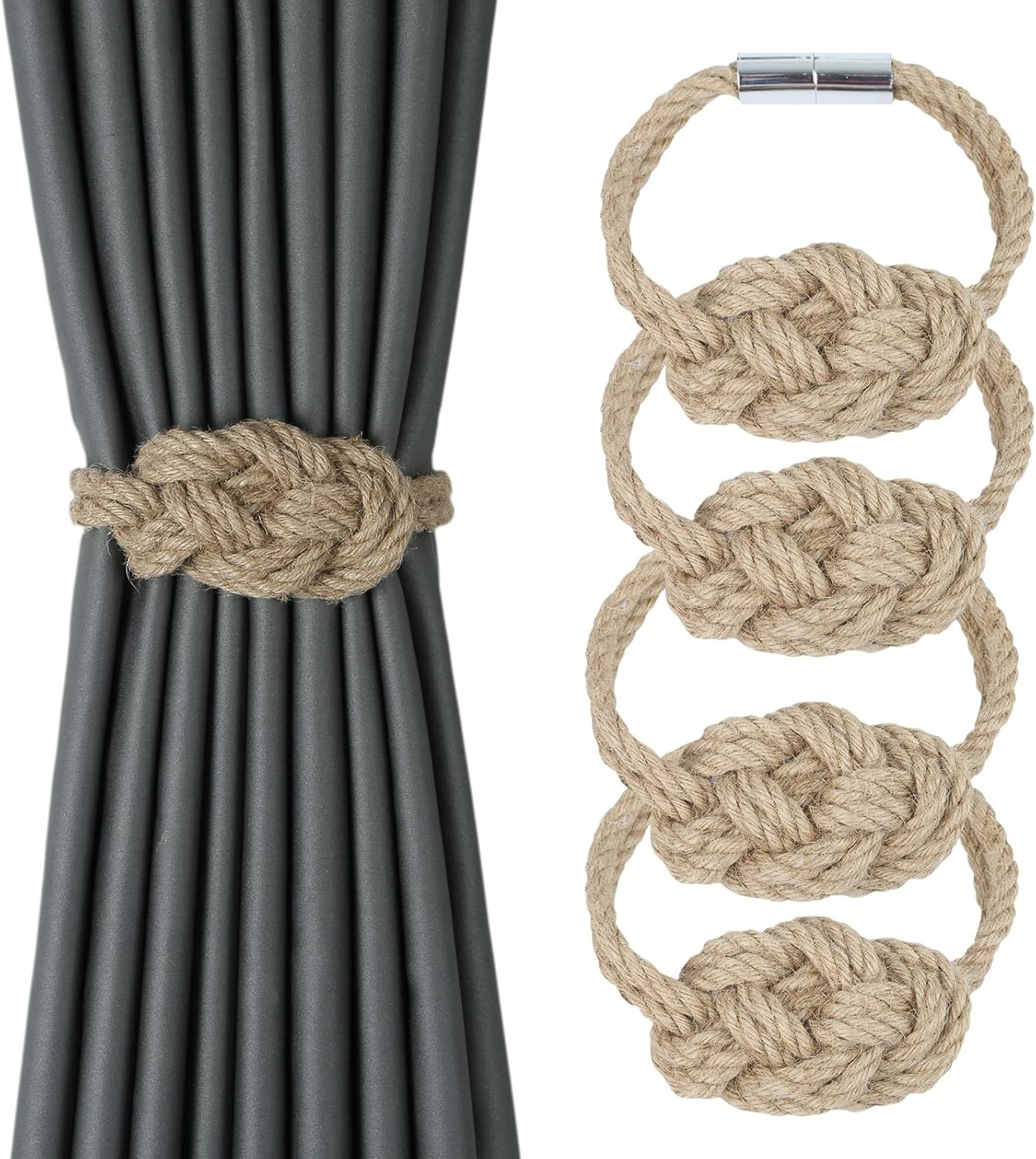 4 Pack Natural Jute Magnetic Curtain Tiebacks, Boho Rustic Style Decorative