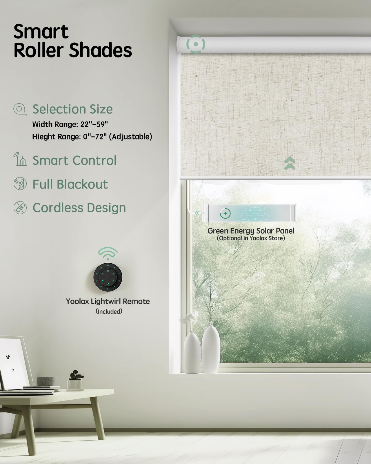 Yoolax Motorized Blinds with Remote, 33″W x 72″H, Linen Beige With Valance