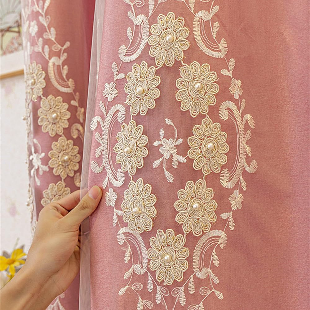 Elegant 3D Flower Embroidered Double Layer Curtains with Valance – Pink 51×96
