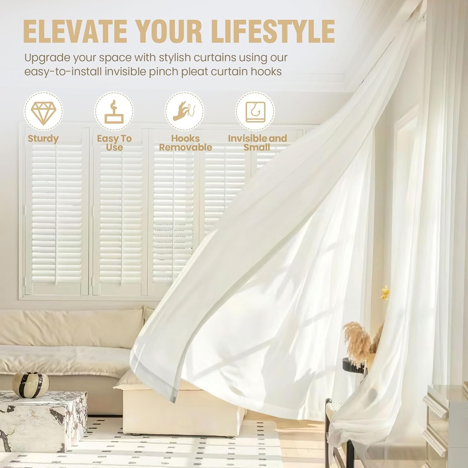 Junreox 1.25IN Curtain Hooks for Drapes, 58PCS Premium Rustproof Metal Drapery H