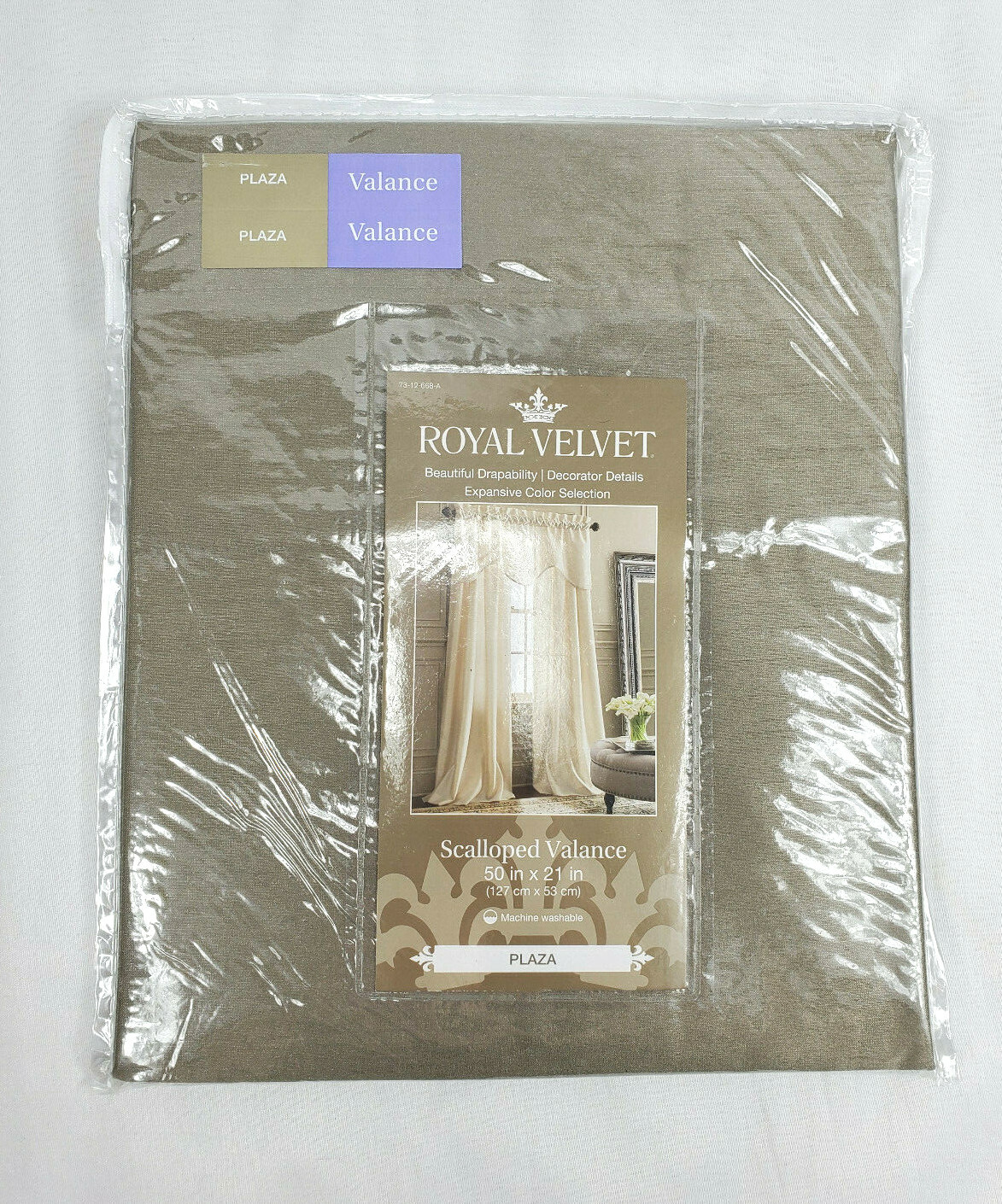 Royal Velvet Plaza Scalloped Valance 50″x21″ – Cloudburst, White, Khaki, Taupe