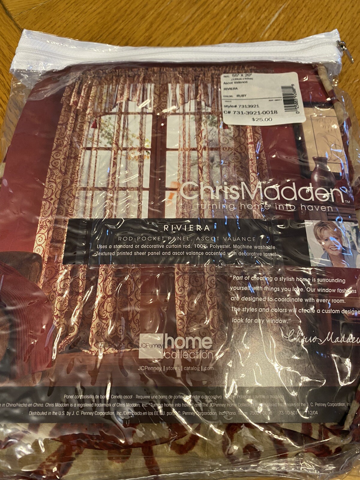 CHRIS MADDEN Home Collection VALANCE Sheer ASCOT w Tassel Beige Burgundy