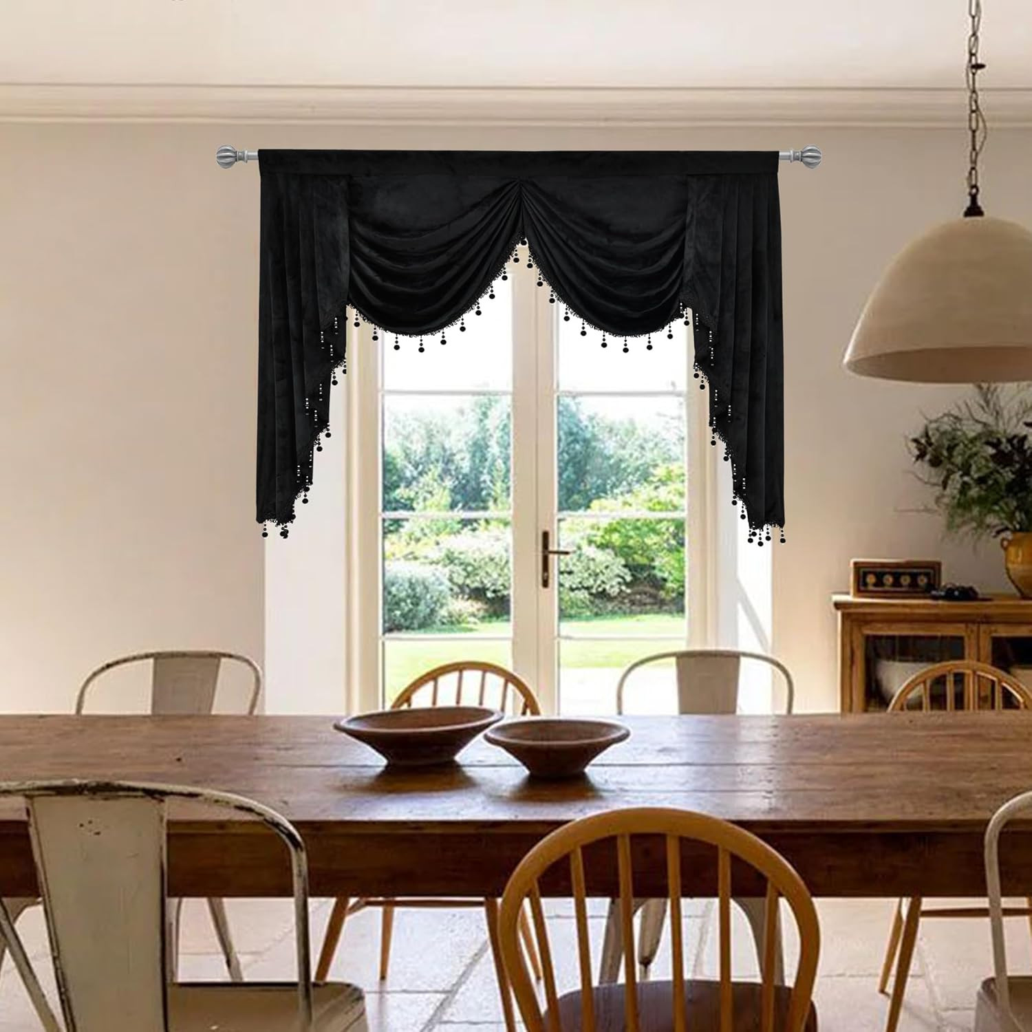 Elegant Velvet Black Waterfall Valance with Tassels for Living Room & Bedroom