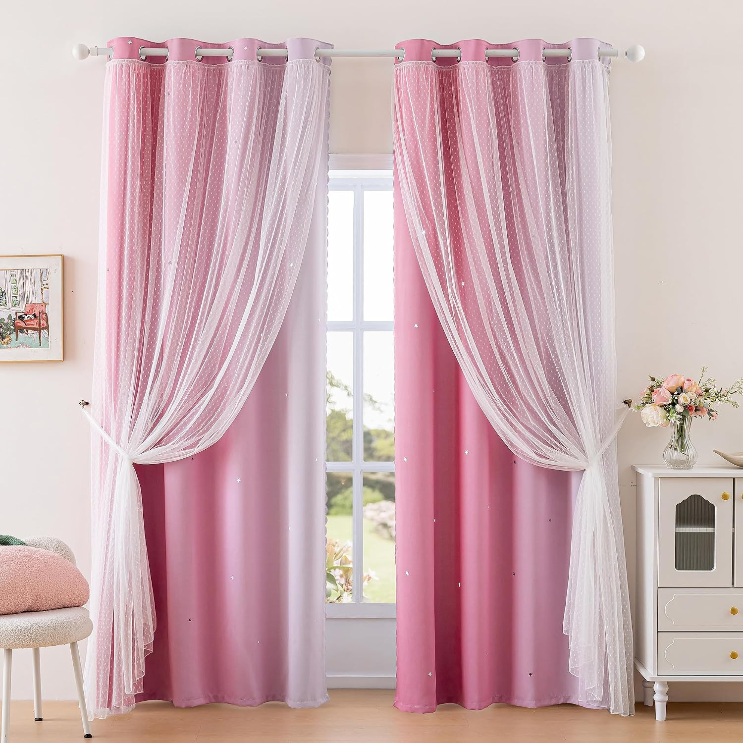 Pink Curtains 84 Inches Long Star Cut Out Decor for Girls Bedroom Kids Room Ombr