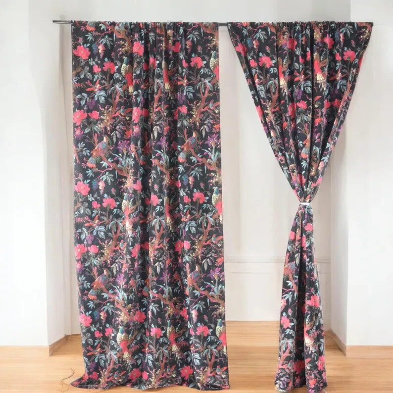 Vintage Cotton Velvet Black Color Bird Print Luxury Curtain, Boho Curtain Drapes