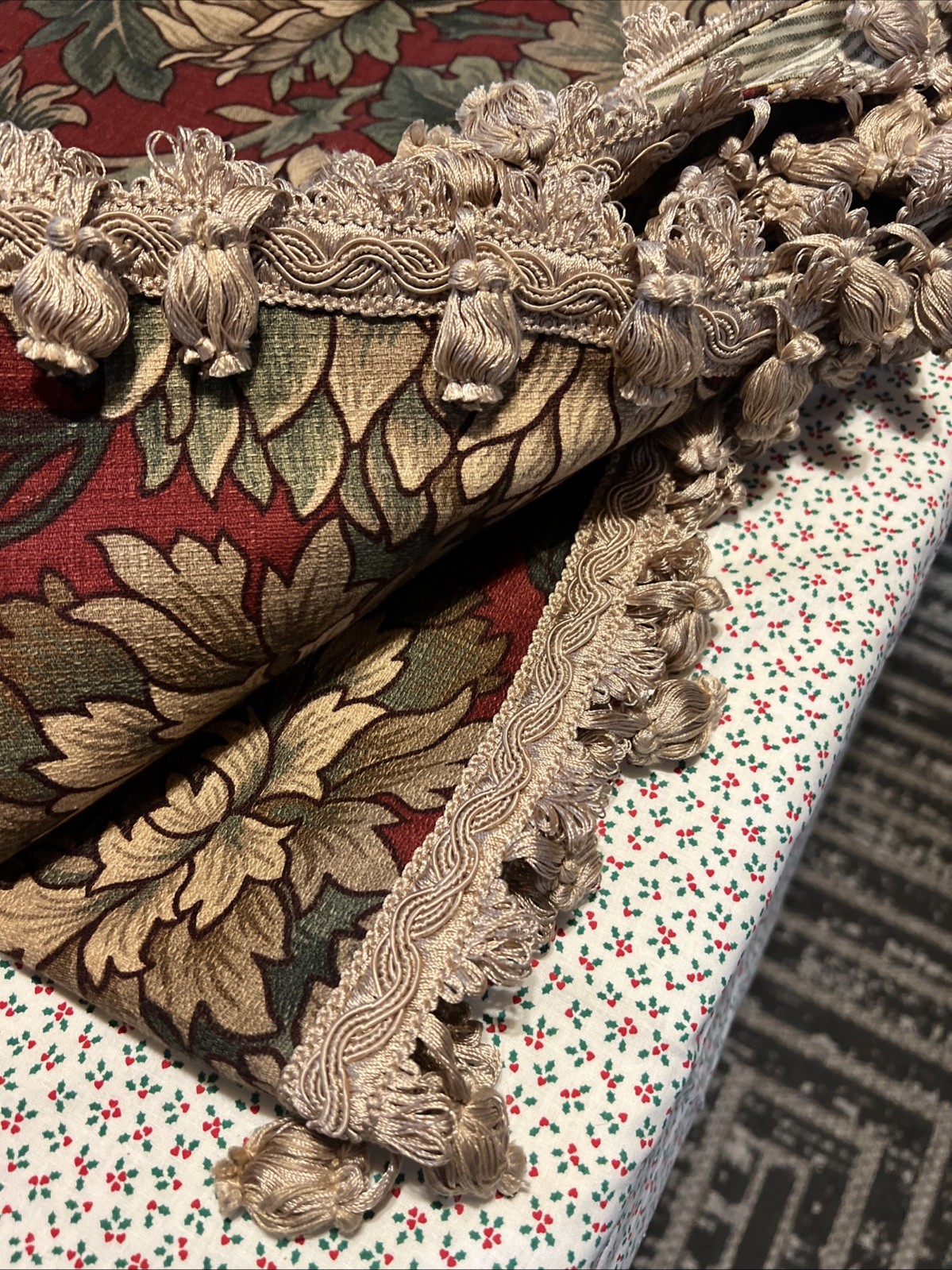 Vintage Custom Scalloped 130” Valances Set of 4 Floral Tapestry Lined w/ Fringe