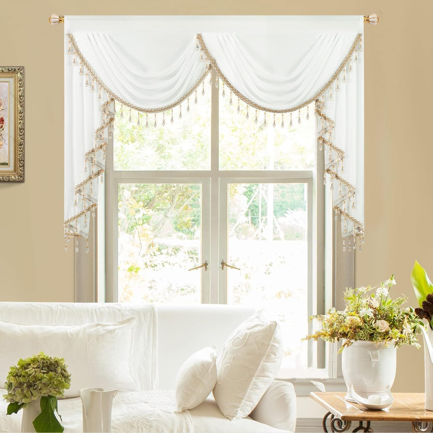Charming White Sheer Waterfall Valance Curtains with Beaded Tassels, 59″ Wide
