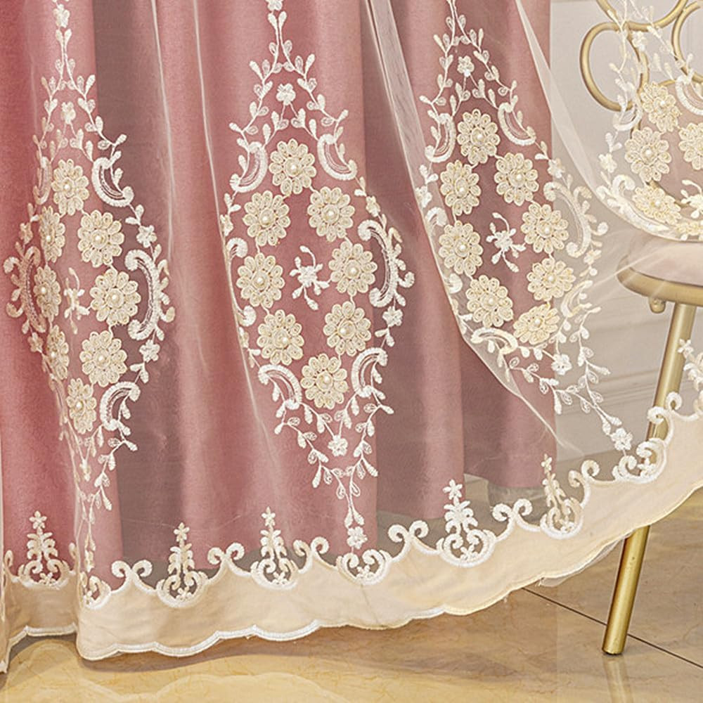 Elegant 3D Flower Embroidered Double Layer Curtains with Valance – Pink 51×96