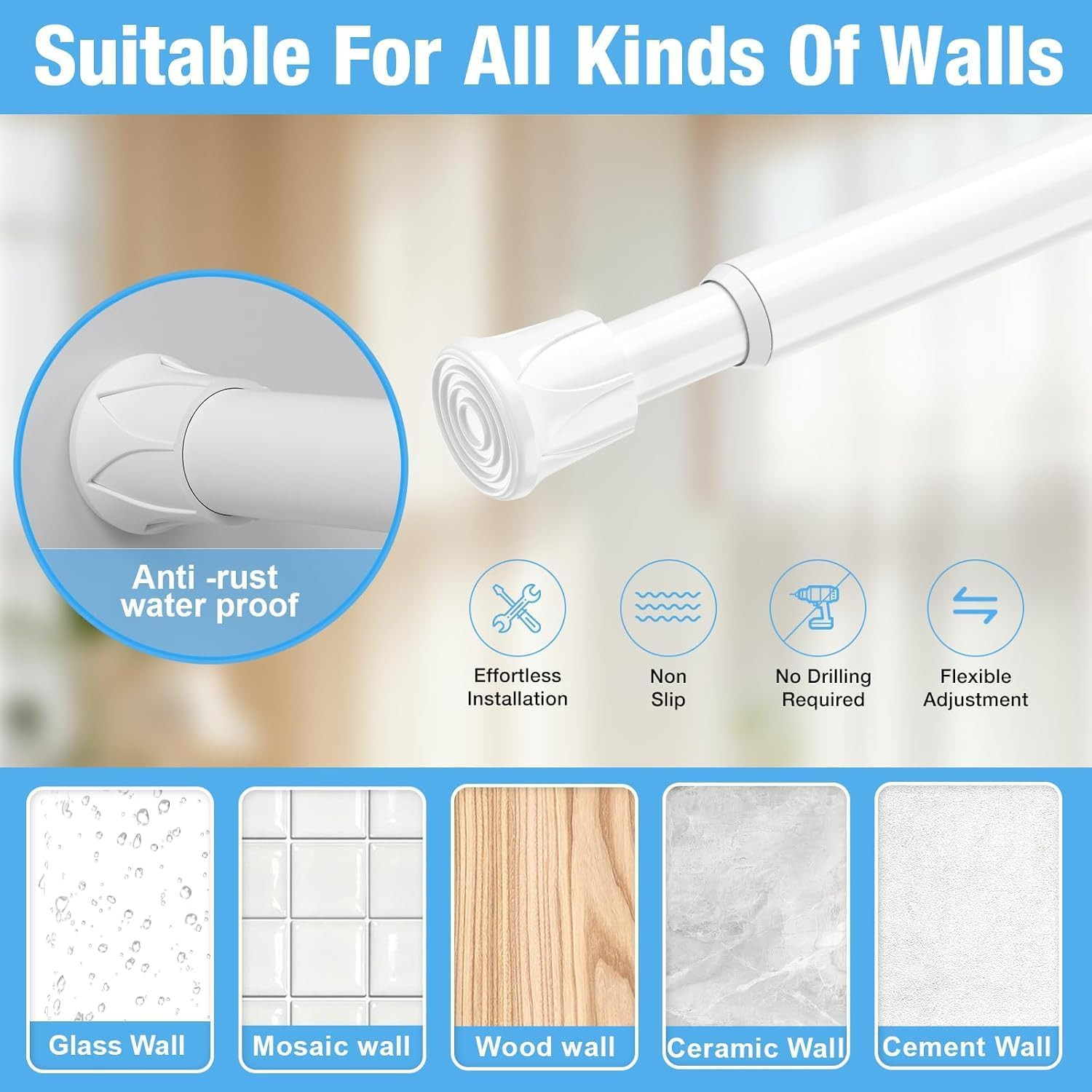 2 Pack White Spring Tension Curtain Rods 28-48 Inches, Spring Loaded Curtain Rod