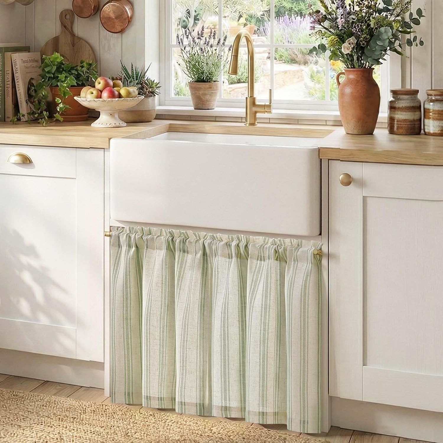 Striped Linen Kitchen Curtains 24 Inch Cafe Tier Curtains Balanced Stripe