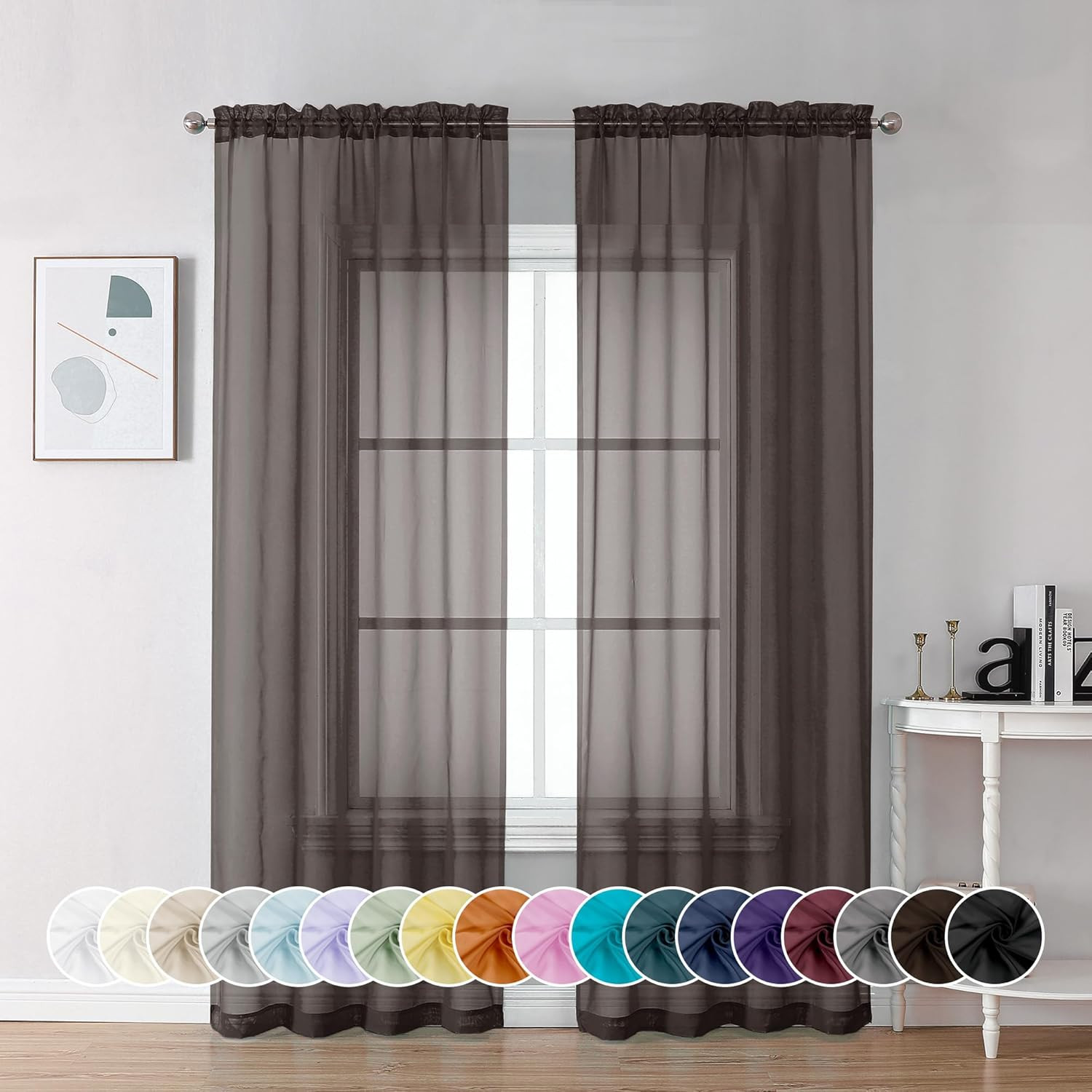 Chocolate Brown Sheer Curtains 84 Inches Long, Light Filtering Sheer