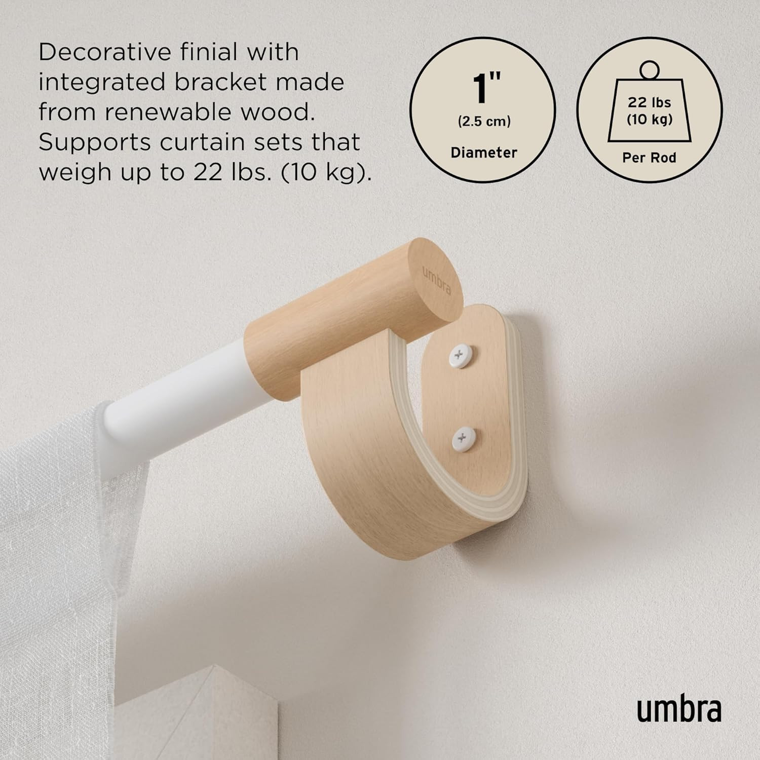 Adjustable Bellwood Curtain Rod Set with Finials & Mounting Hardware, White/Natu