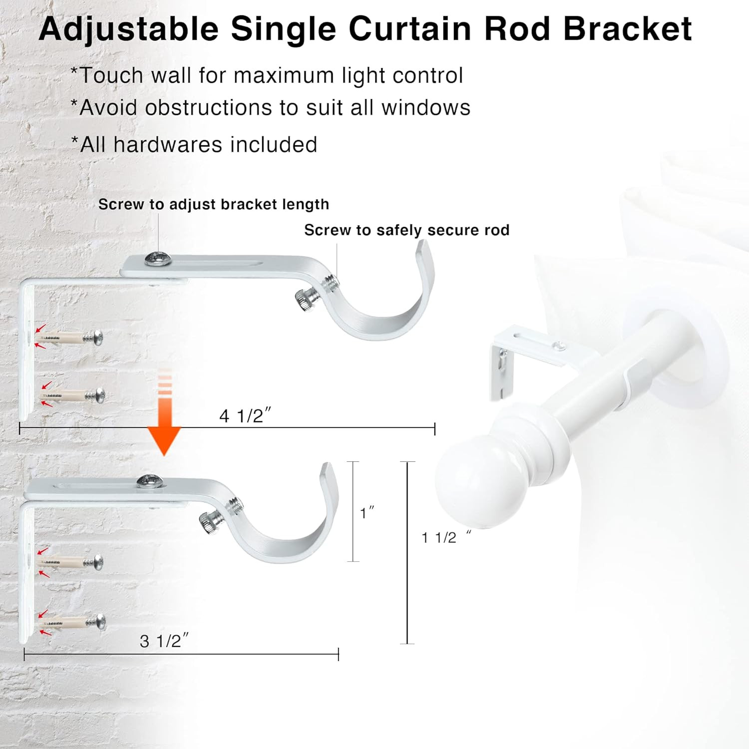 For Window size 36″-62″ long Matte White HD metal Window Curtain Rod rail 1 pack