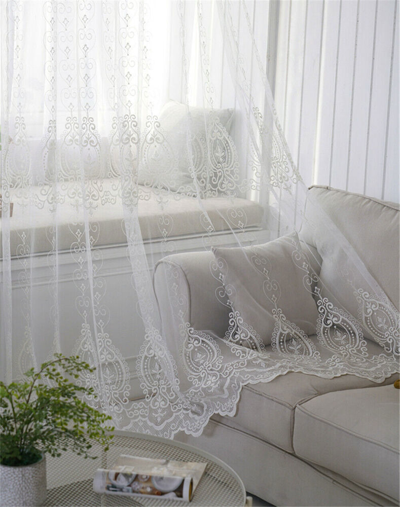 Floral Embroidered Sheer Curtain Elegant Tulle Curtain Voile Window Drape 1Piece