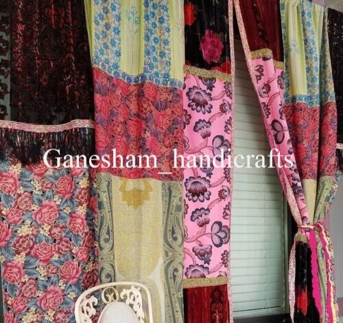Indian Old Recycle Silk Saree Boho Multi Curtain Door Drape Decor Curtain 2Pc