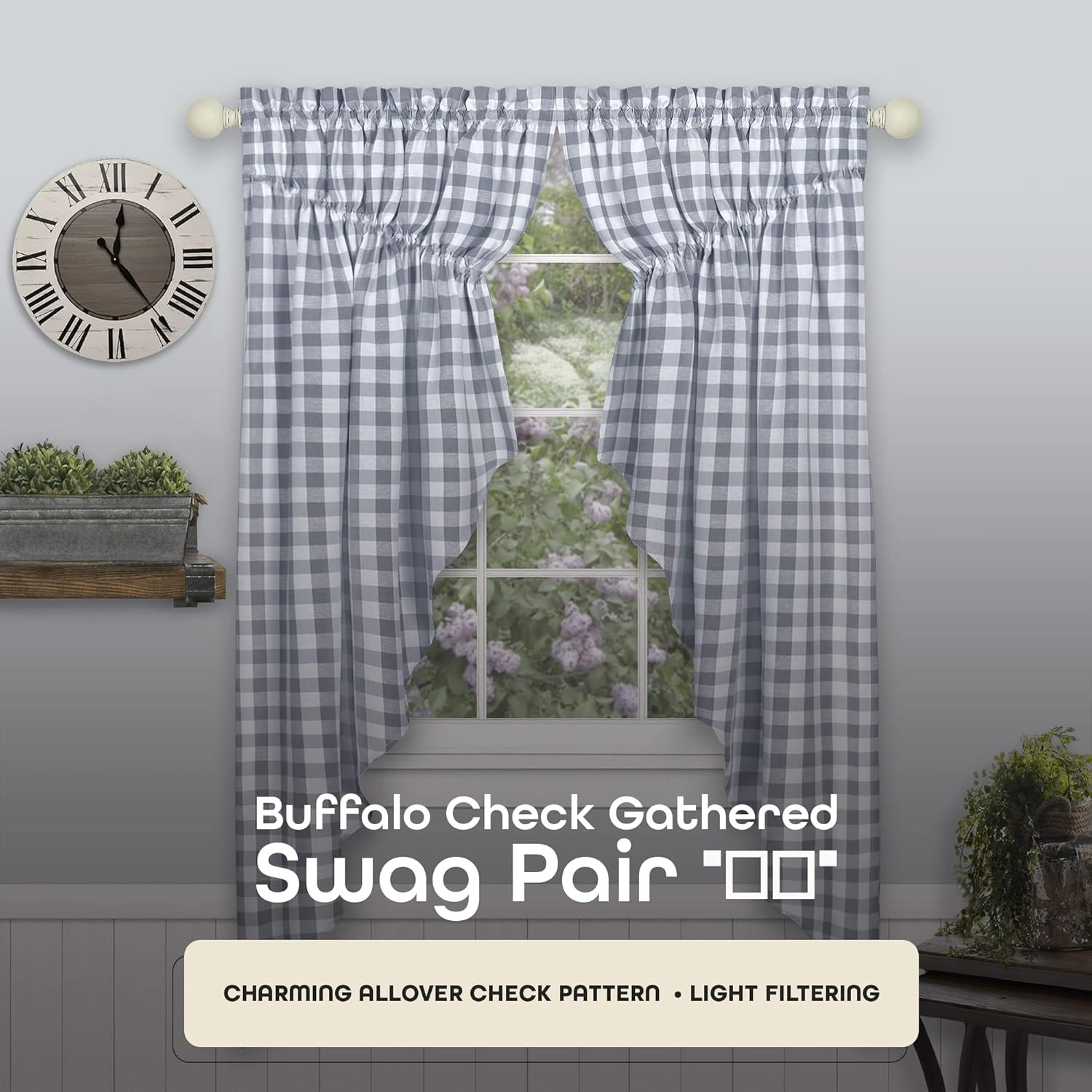 Buffalo Check Gathered Swag Window Curtain Pair – 72 Inch Width, 63 Inch Length