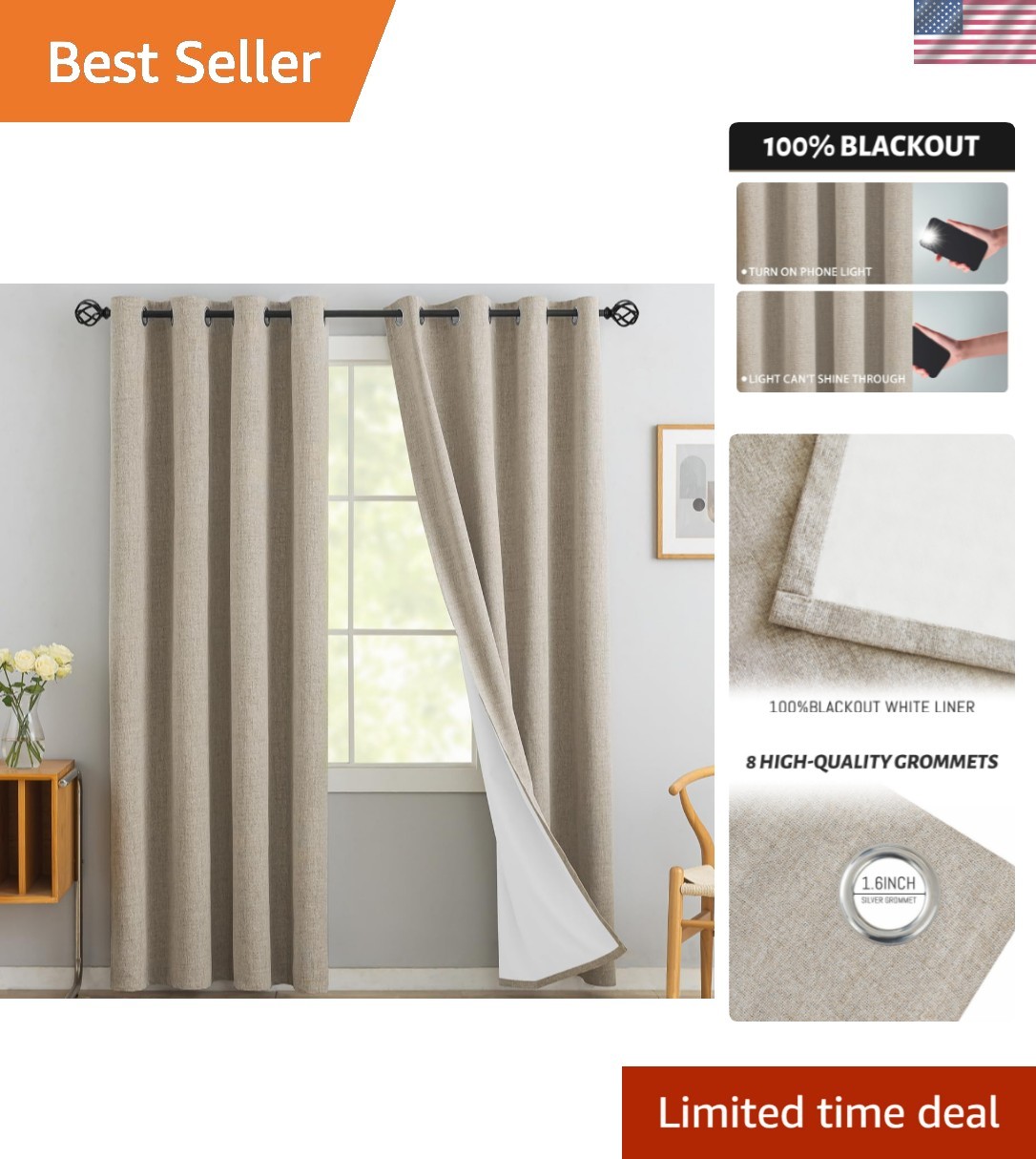 Versatile Natural Linen Blackout Curtains with Soft Greyish White Liner – 84″