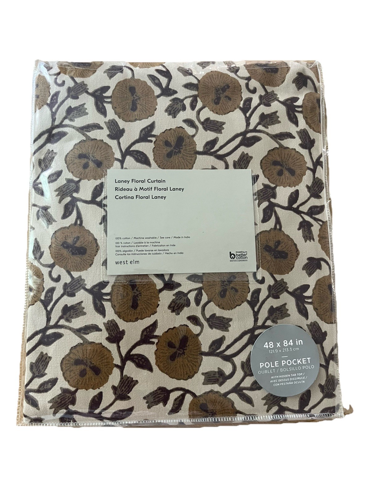 1 West Elm Cotton Canvas Laney Floral Curtain 48 X 84 Honey