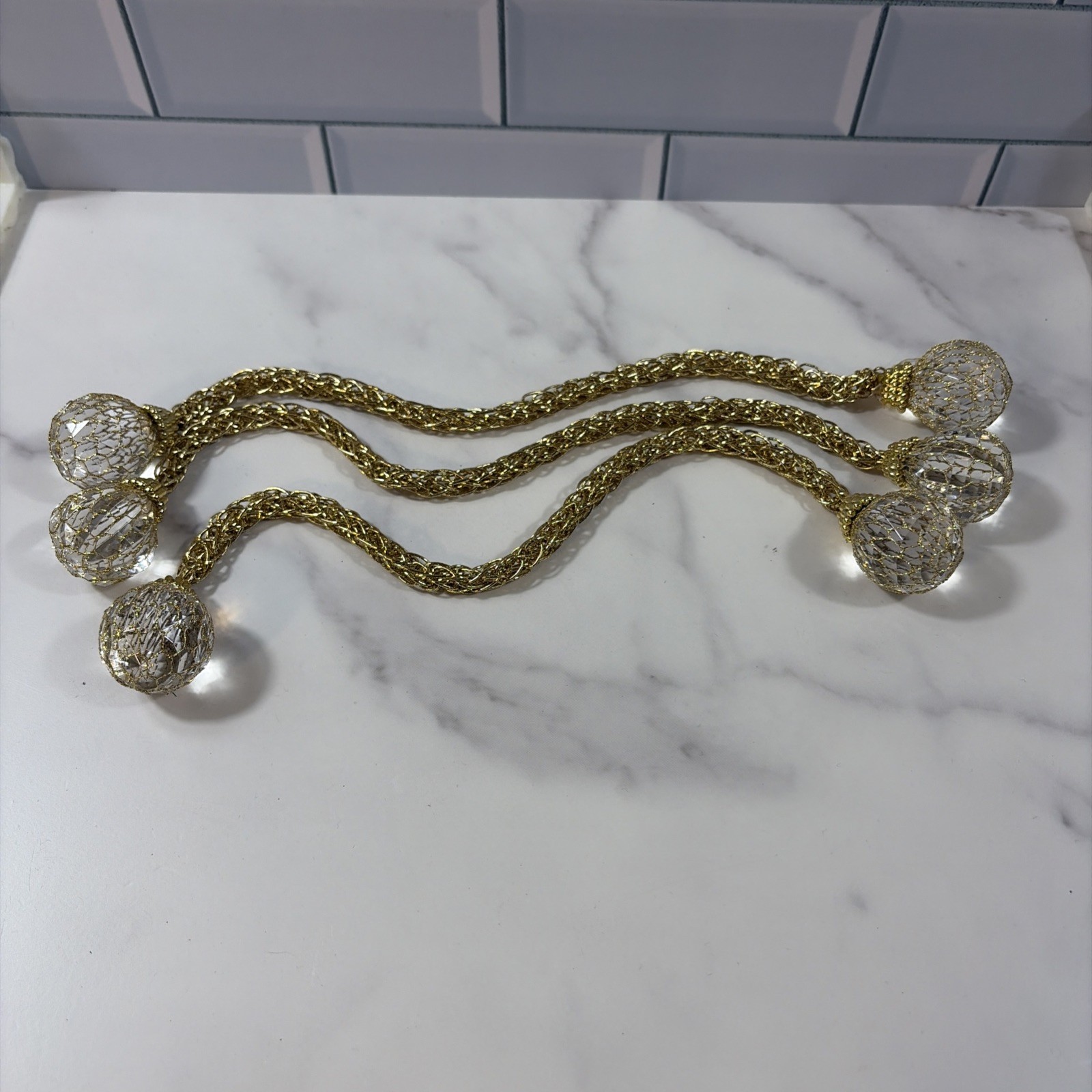 Set Of 3 13” LongBraided Faux Gold Rope Drapery Tie Backs w/ Crystal Ball Ends