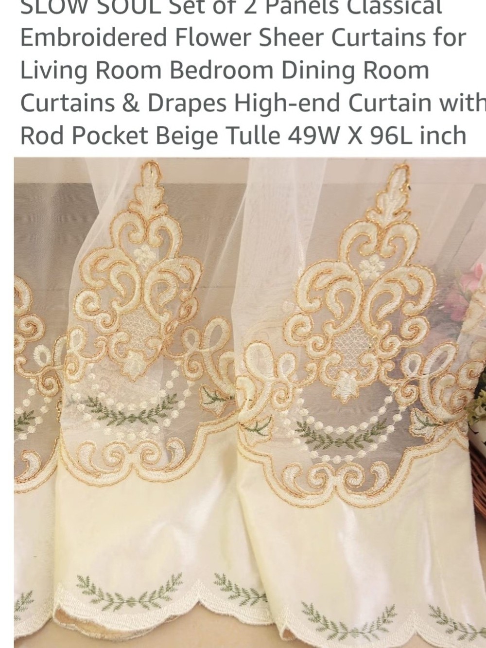 Slow Soul Classical Embroidered Flower Sheer Curtains – 2 Panels Size 49W by 96L
