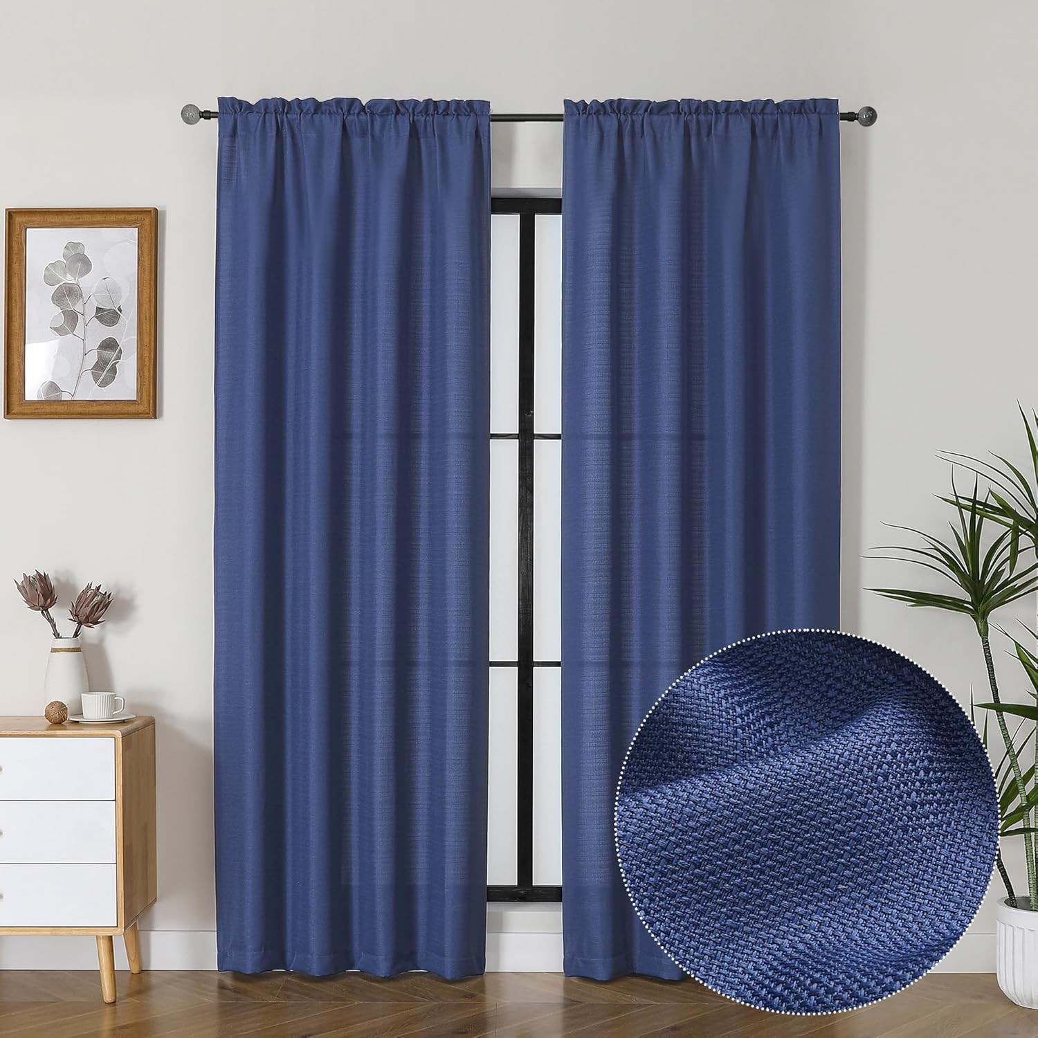 Bessie Blue Curtains 84 Inches Long 2 Panels Light Filtering Faux Linen Textured