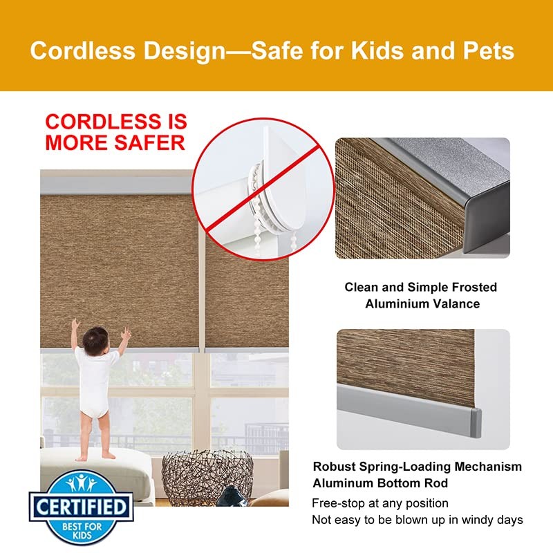 Free-Stop Cordless Blinds for Windows 30″W x 72″H Brown (Light Filtering)