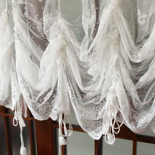 Lace Balloon Curtain White Adjustable Tie-Up Curtain Shade, Embroidered Semi