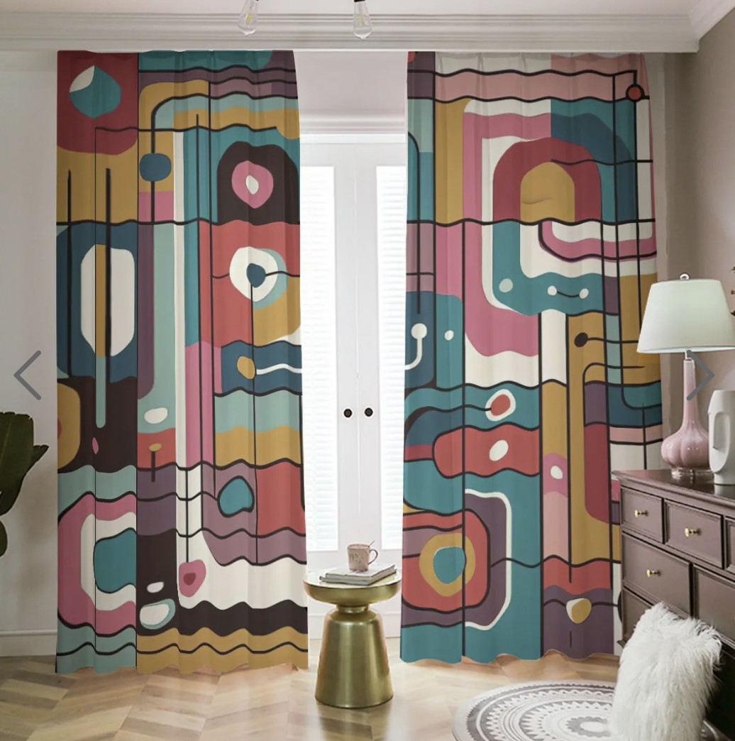 Mid Century Modernist Blackout Curtains Modern Art Shades Pink Teal Retro Drapes