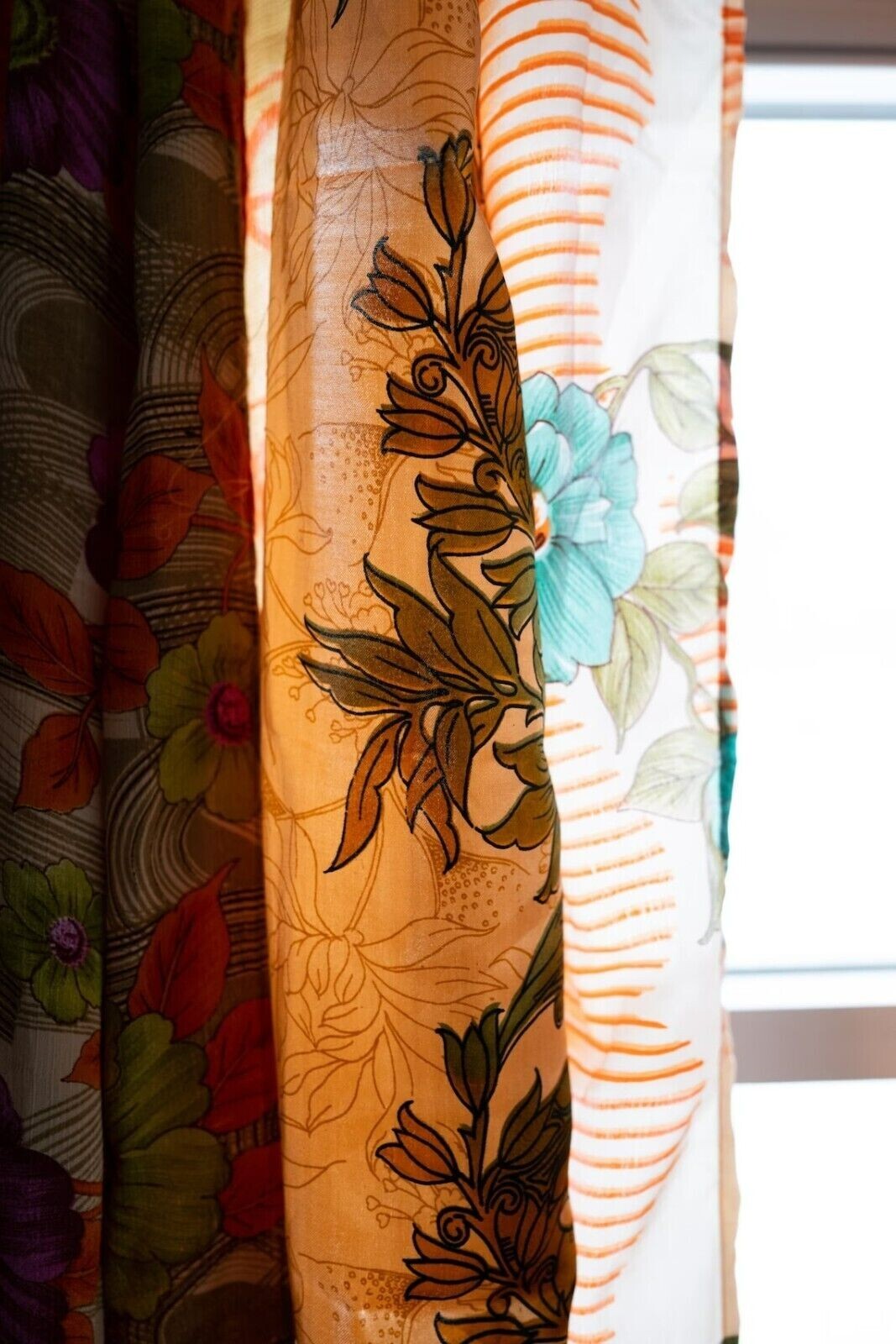 2Pc Indian Vintage Sari Patchwork Curtain Drape Window Decor Silk Orange Curtain