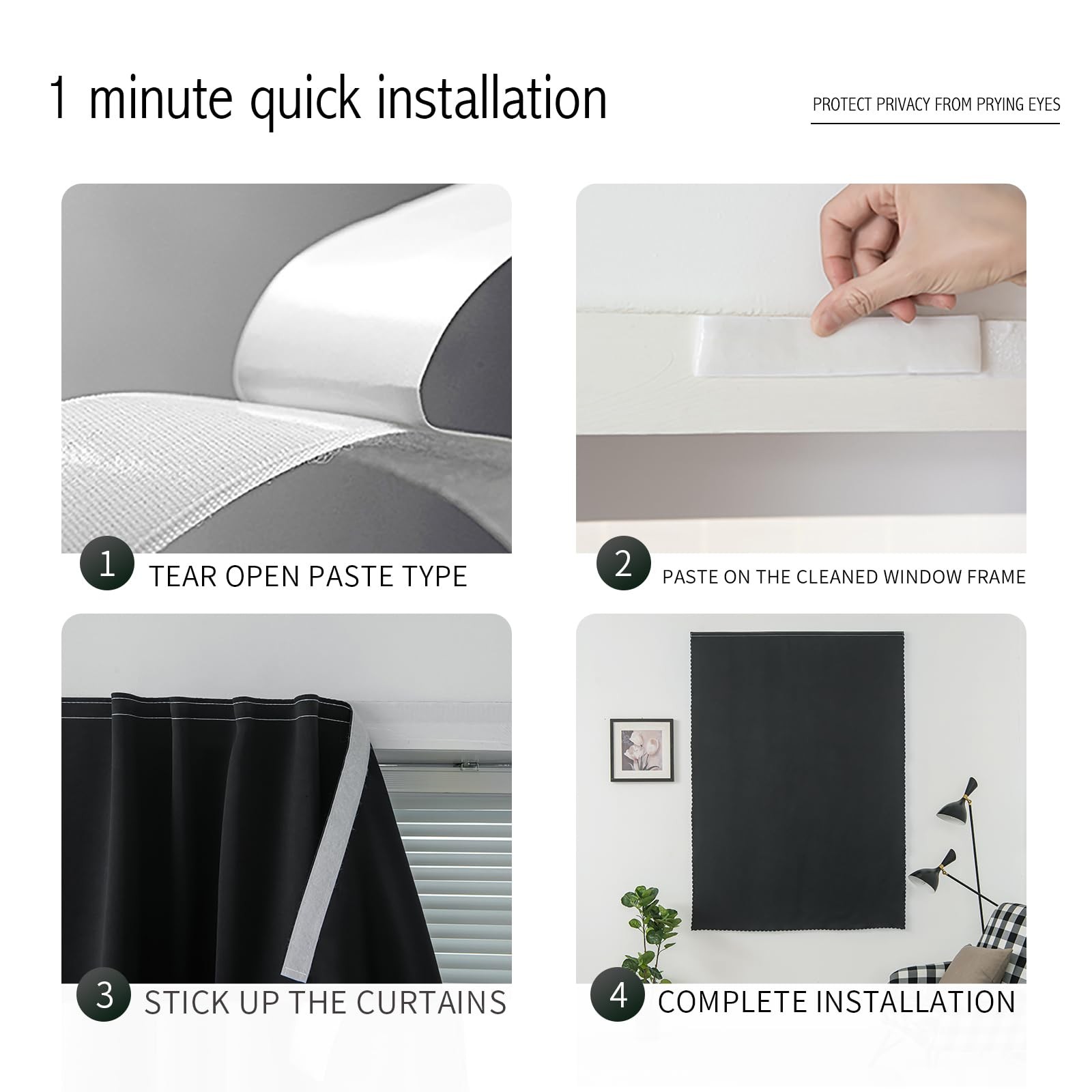Adhesive Blackout Curtains 35×59 Self Stick No Rod Needed Light Blocking Black