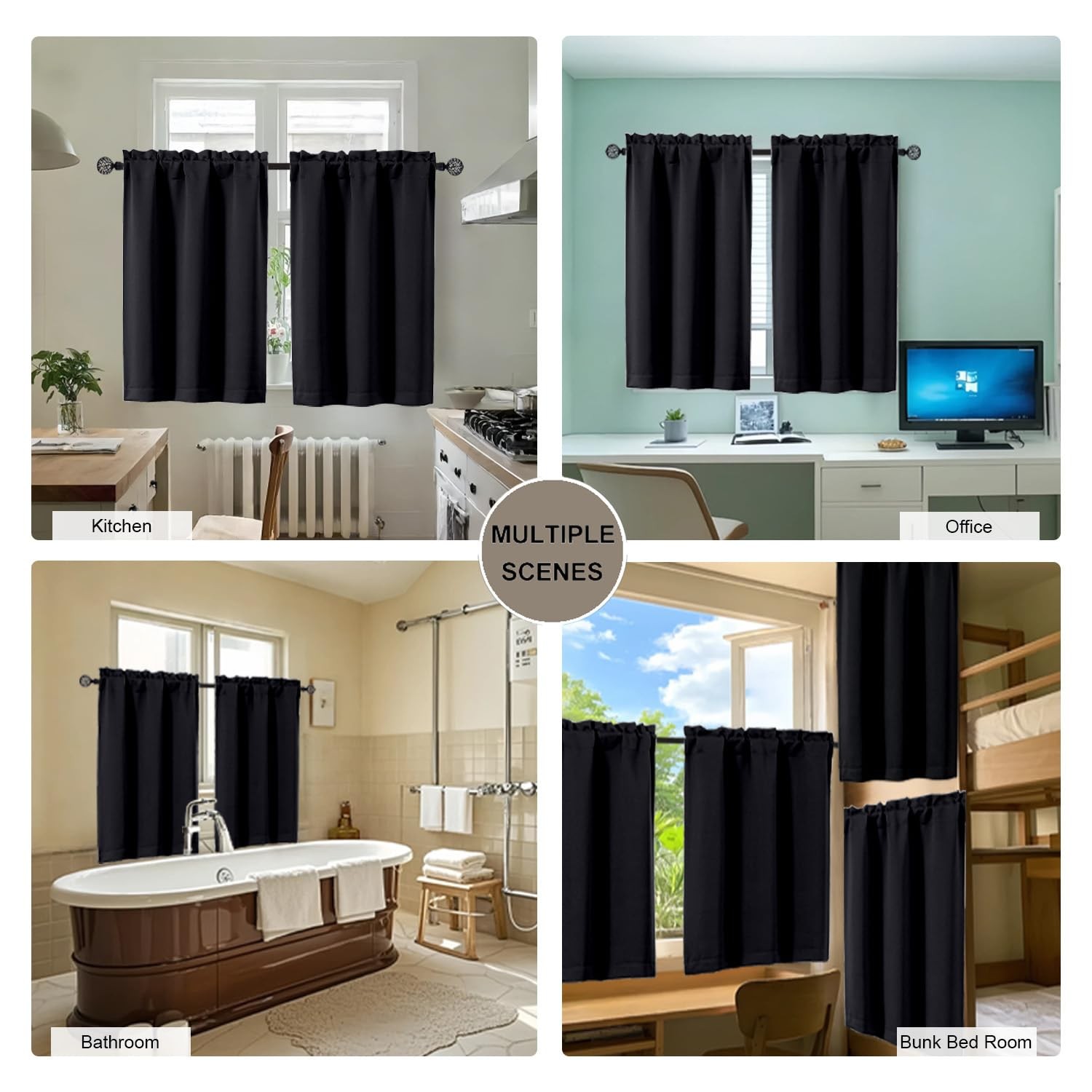 24 Inch Long Tier Curtains for Small Window, 30″W x 24″L (Pack of 2) Black
