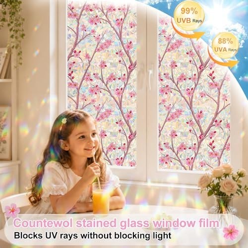 Stained Glass Window Film Privacy Static Cling Cherry Blossom 78.7 x 17.5 Inch