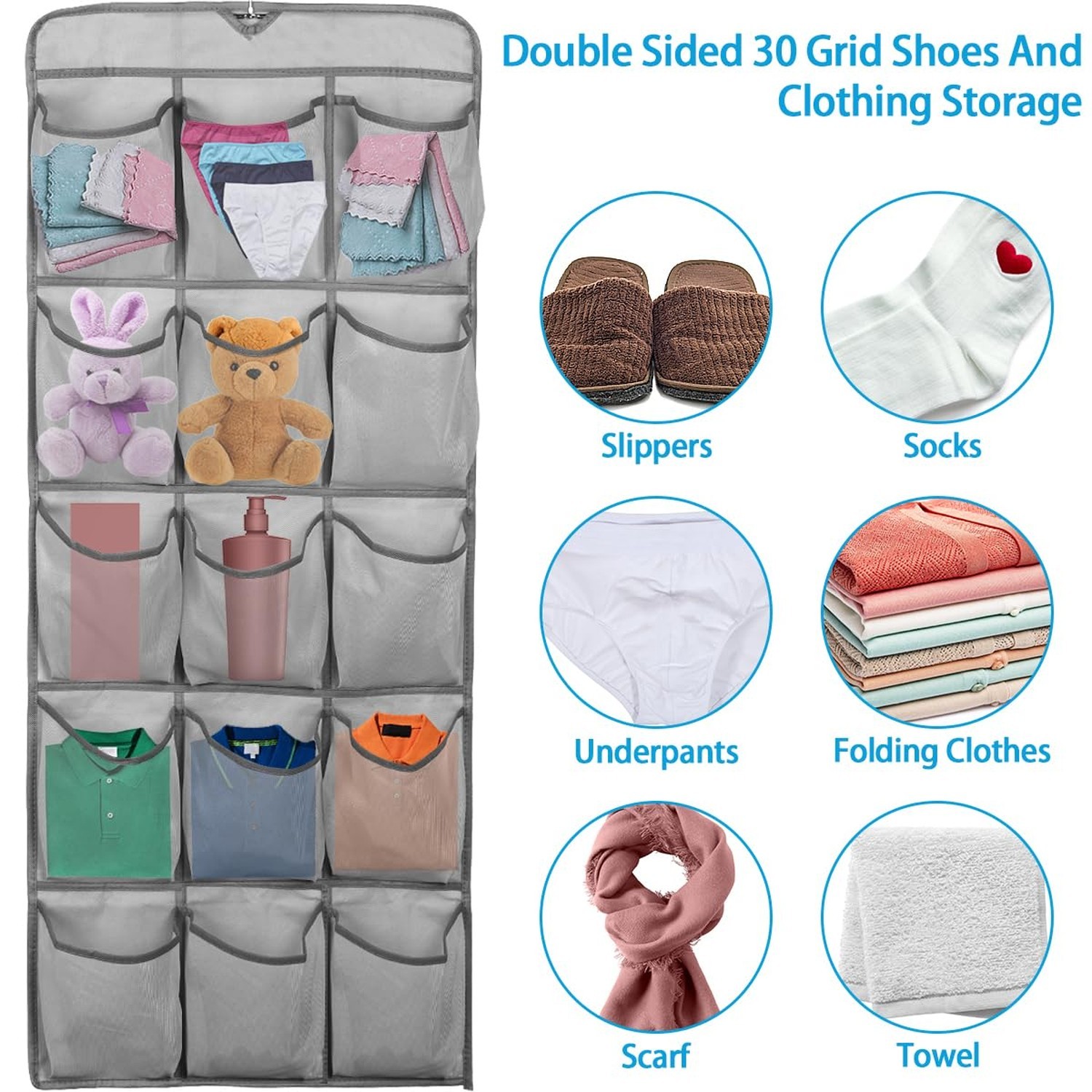 3Pcs 30 Large Pockets Dual Sided Hanging Shoe Organizer Double-Side Closet St…