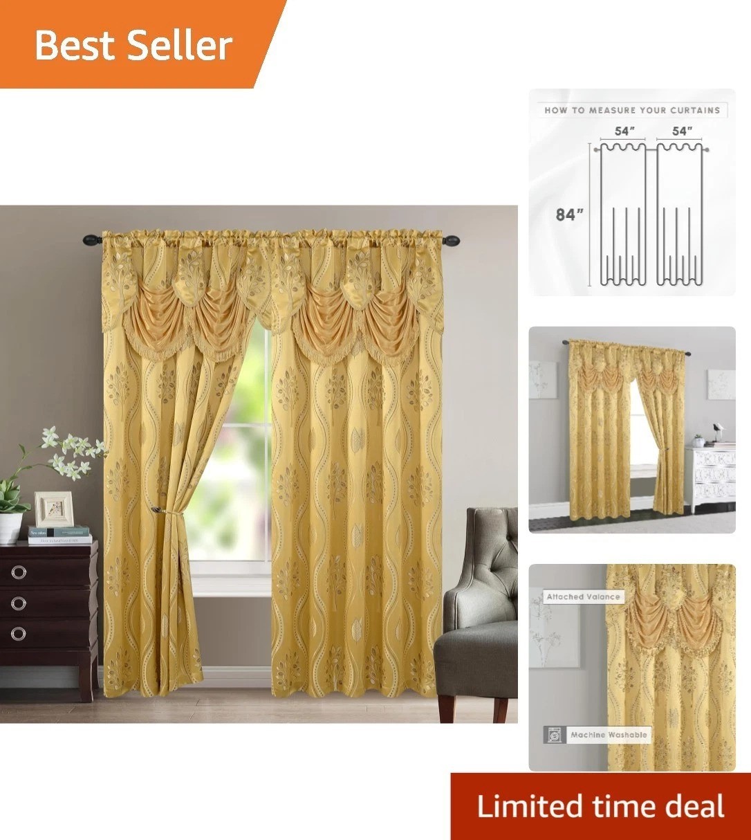Decorative Gold Jacquard Curtains with Attached Valance 54 by 84 for Home Decor