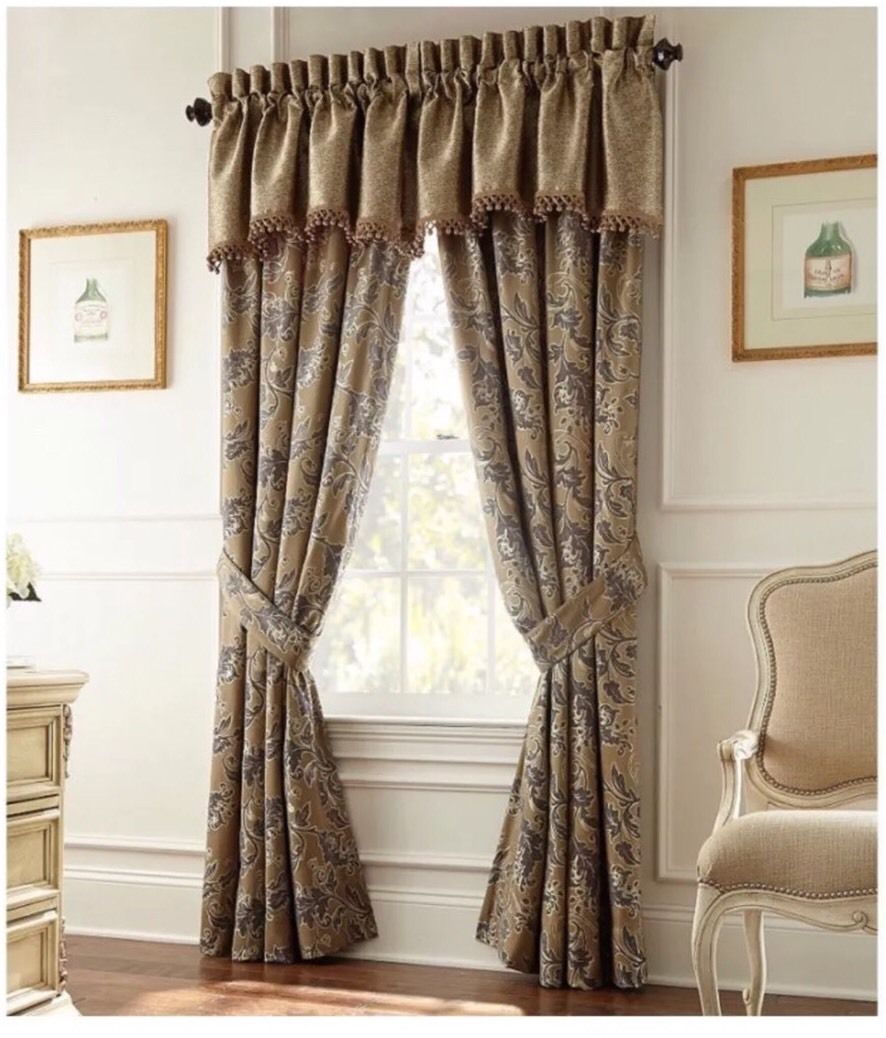 Waterford Linens Arielle Scalloped Window Valance -55″x18″ In Gold Charcoal