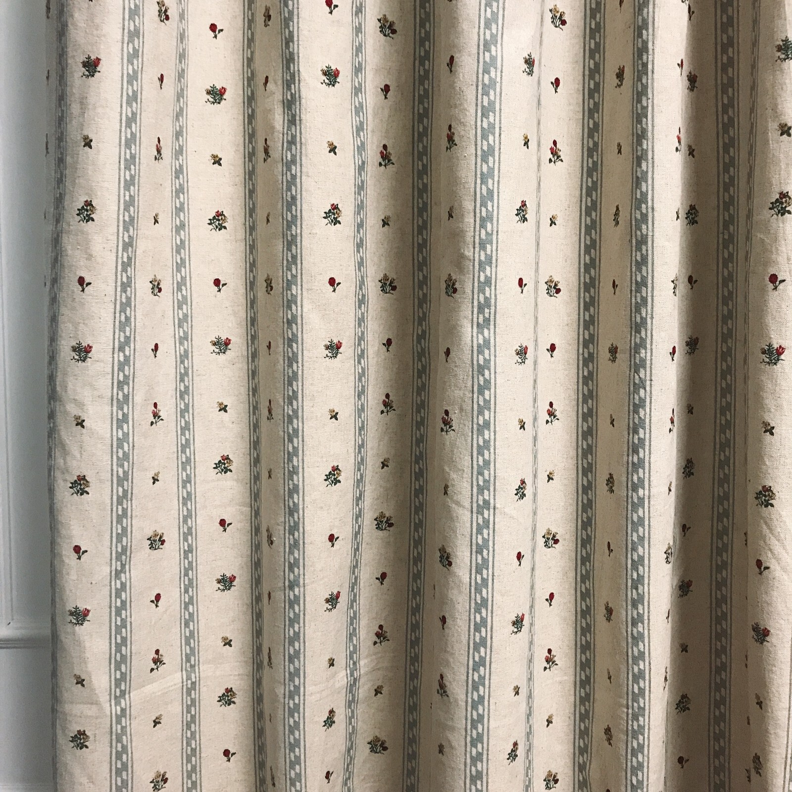 Modern Vintage Handmade Grayish Blue Vertical Stripes Tiny Floral Beige Curtain