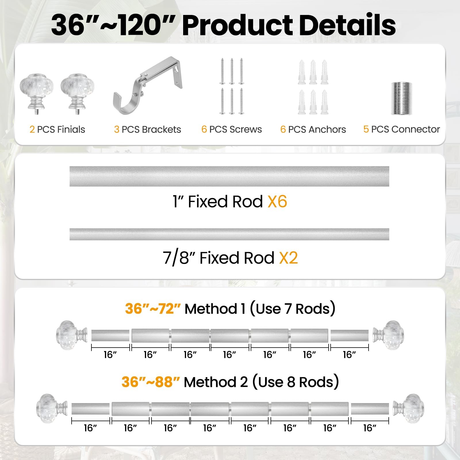 Sliver Curtain Rod for Windows 66 to 120 Inches(5.5-10ft): 1 36-120″, Silver