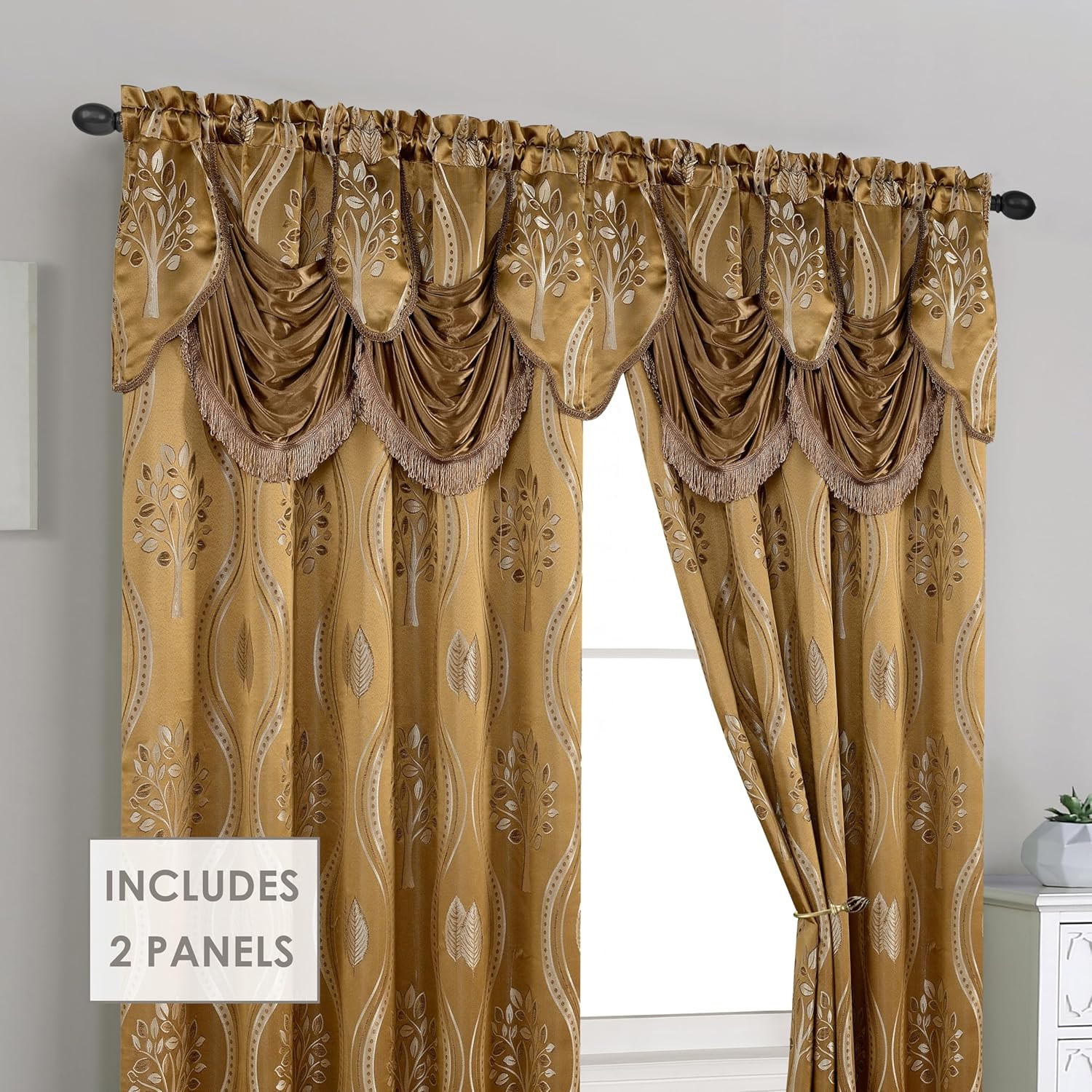 Aurora Jacquard Look Curtain Panel Set with Attached Valance 54″ X 84 Inch (Set