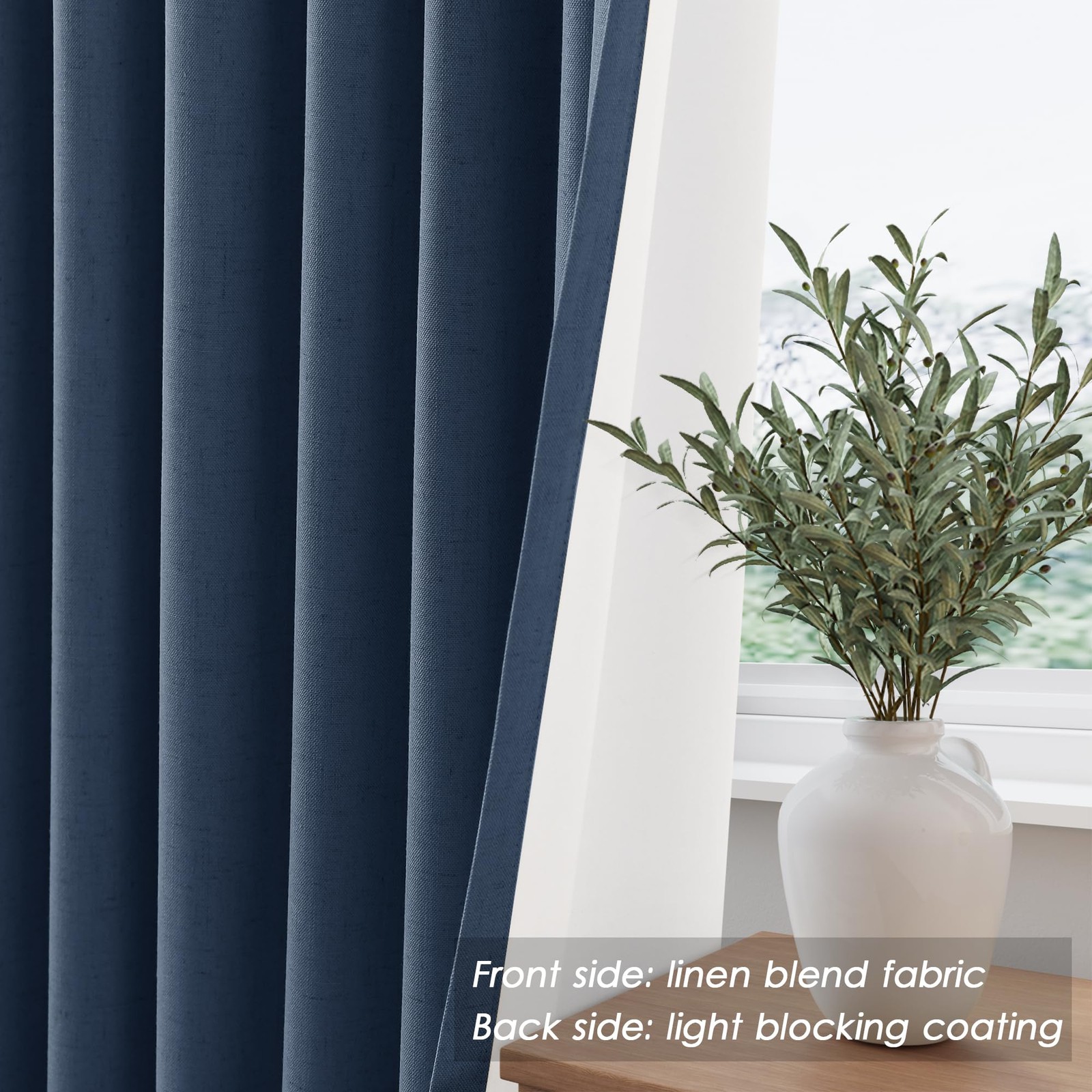 Nanspring Denim Blue 100 Linen Curtains 84 Inch Length 2 Panels Set For Bedroom