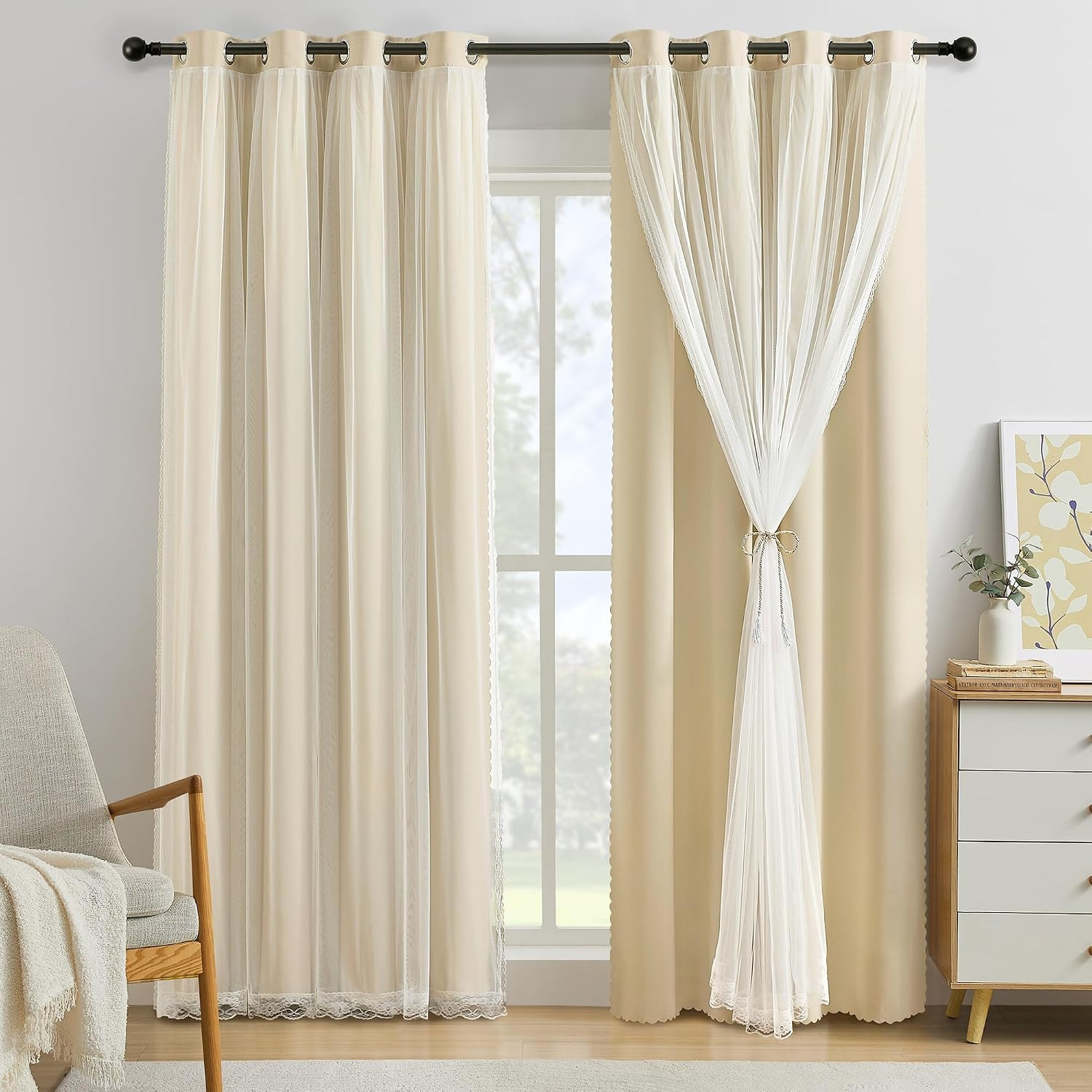 Beige Blackout Curtains with Sheer Overlay for Living Room Bedroom 63 Inches Lon