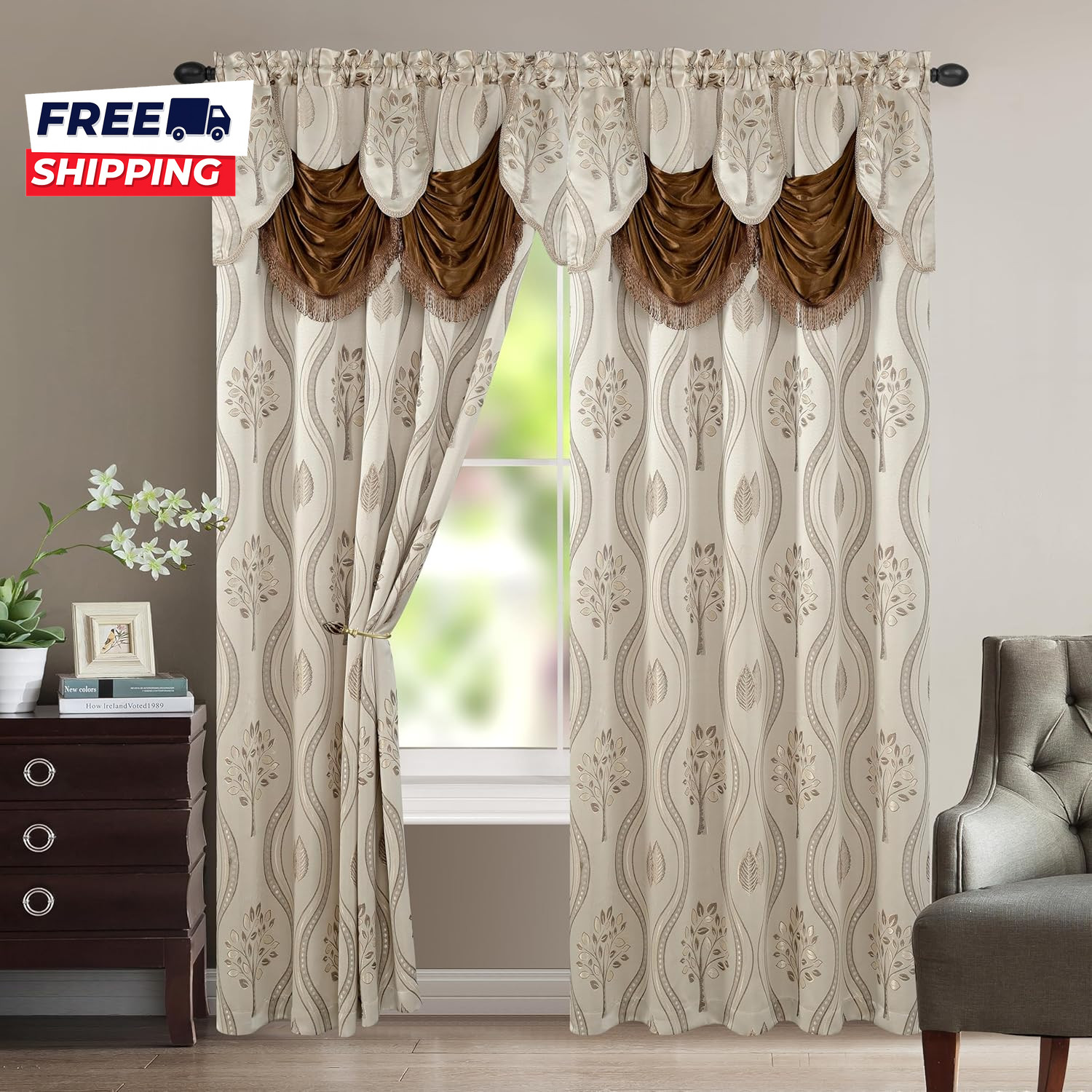 Luxurious Beautiful Curtain Panel Set with Attached Valance and Backing 54″ X 84