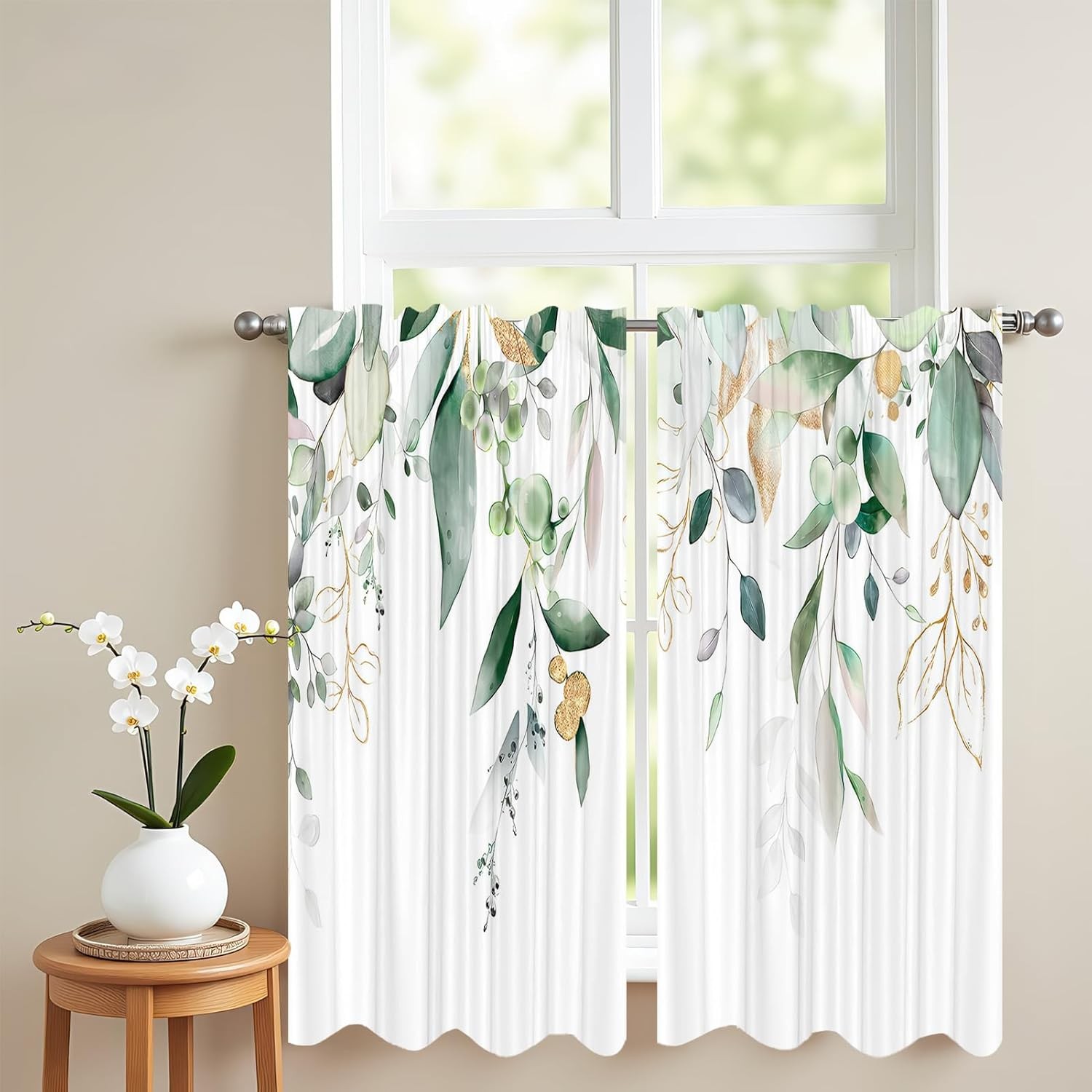 26x36Inch Sage Green Gold Eucalyptus Botanical Small Kitchen Curtain Treatment