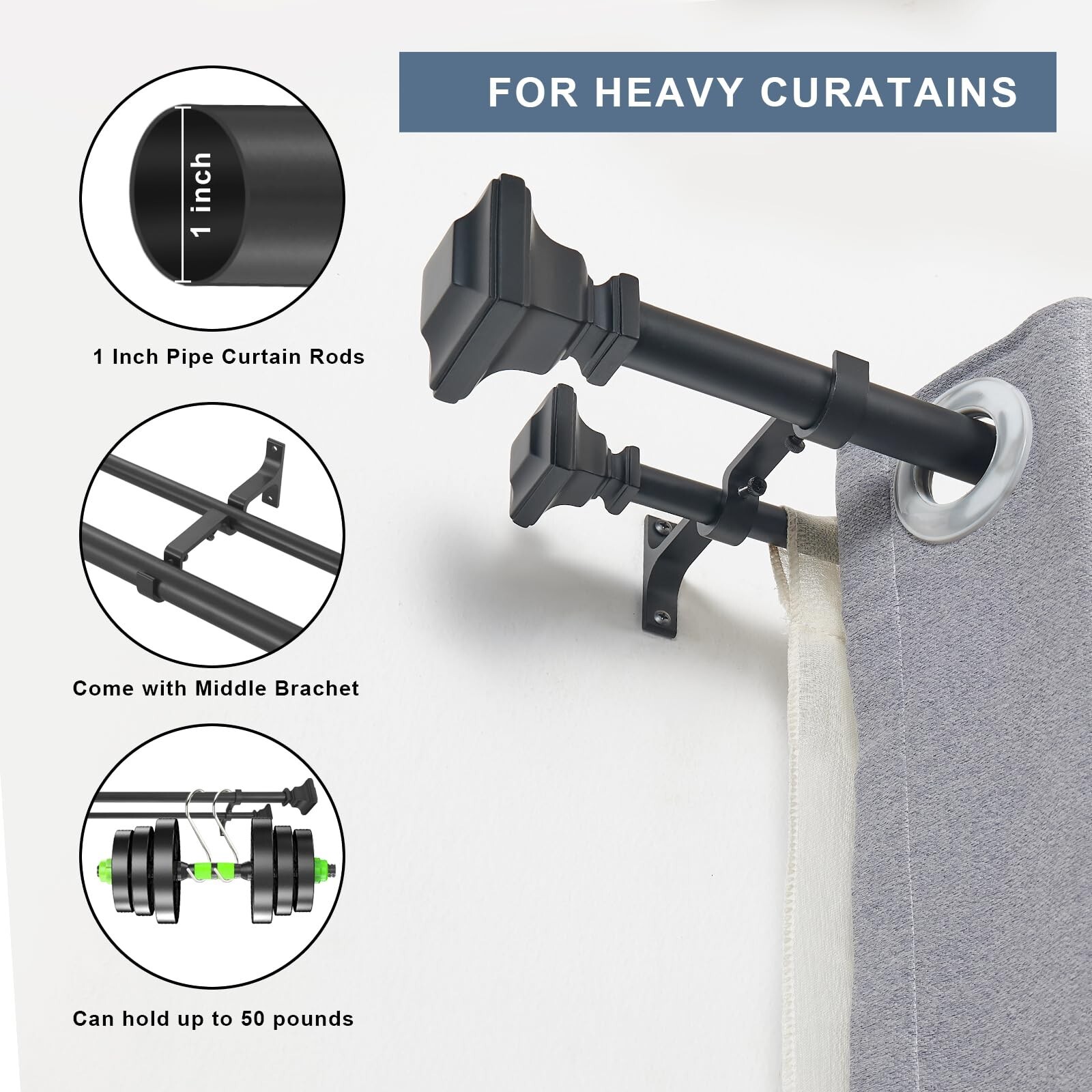 Double Curtain Rod, 1 inch Adjustable Heavy Duty Drapery Double Rod for Windo…