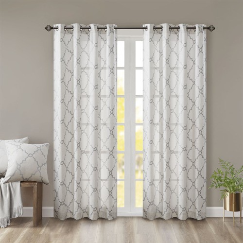 AS Fretwork Print Grommet Top Window Curtain Panel(Only 1 Pc Panel)Ivory+Grey