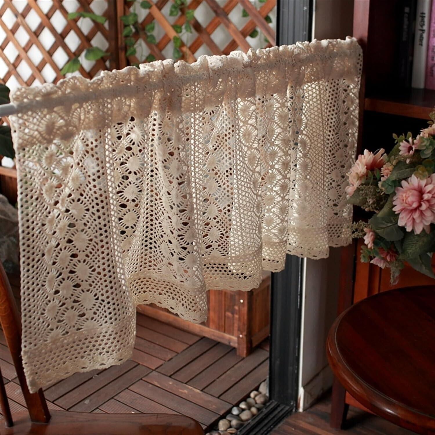 Vintage Hand Lace Crochet Short Curtain Valance Panels Cafe Tiers Kitchen Decor